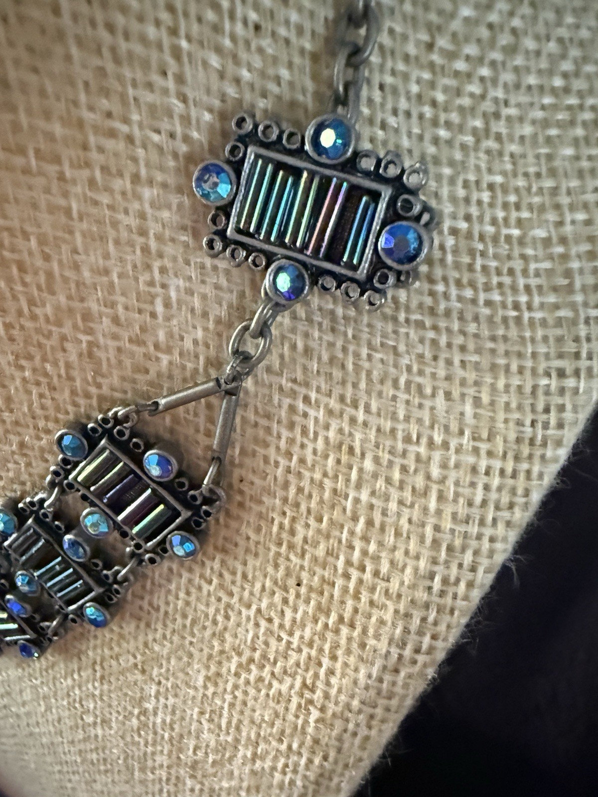 Silver Tone Blue & Multicolor Crystal Statement Bib Necklace Adjustable Lobster
