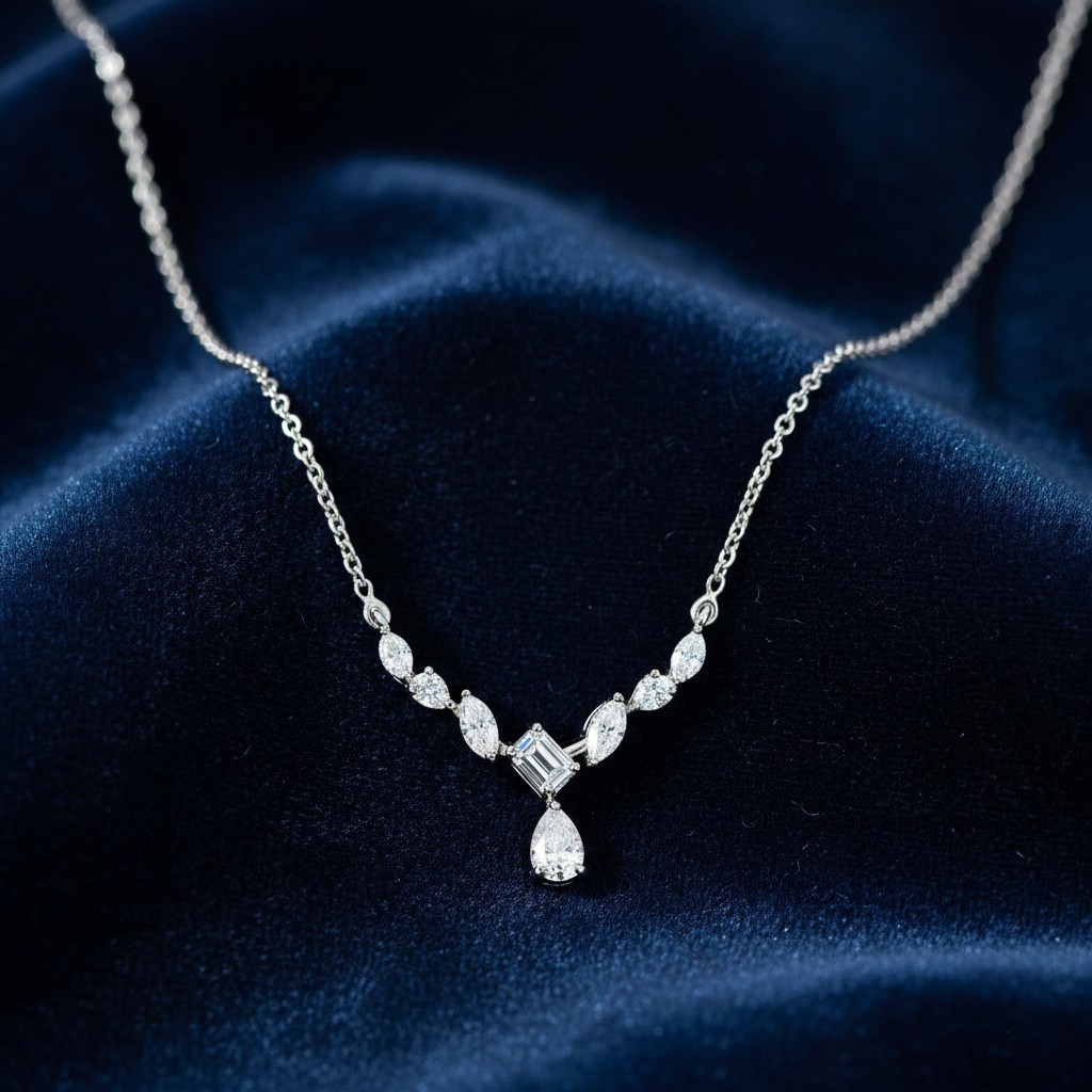 Gorgeous Necklace Pear & Marquise Cut Simulated Diamond In 14K White Gold Plated