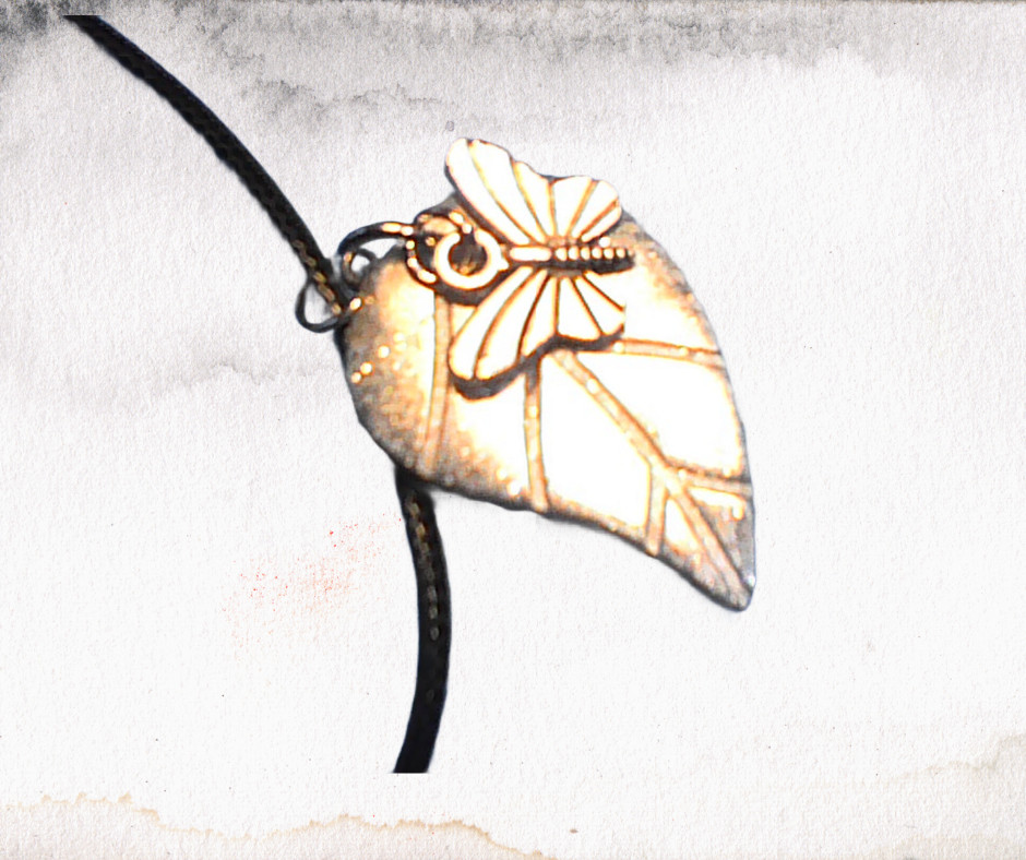 Handmade Leaf Resin Pendant Necklace Silver Butterfly Charm Black Cord 18″