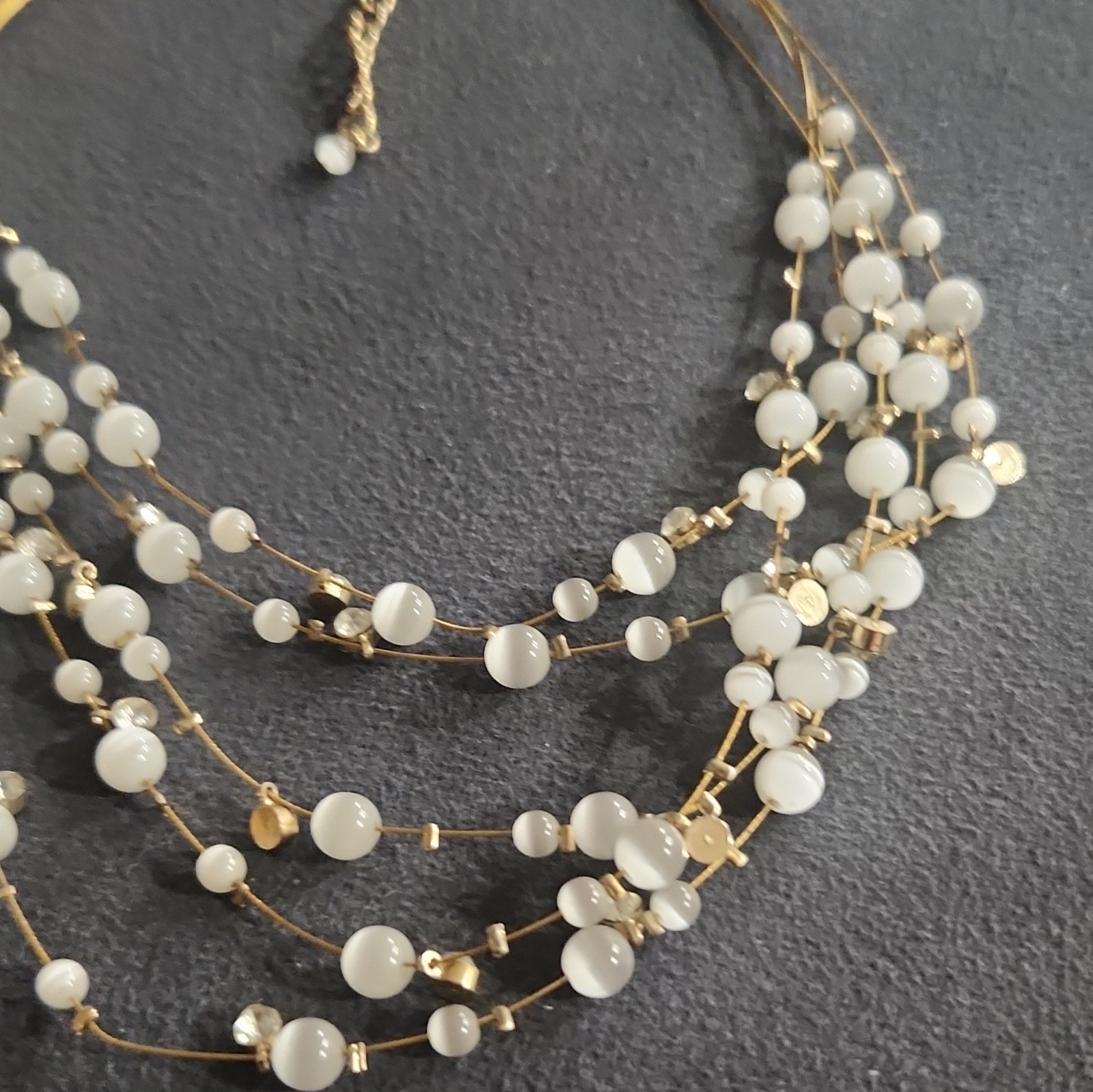 White Bead Layered Necklace Gold Tone Crystal Cable Chain Adjustable Lobster
