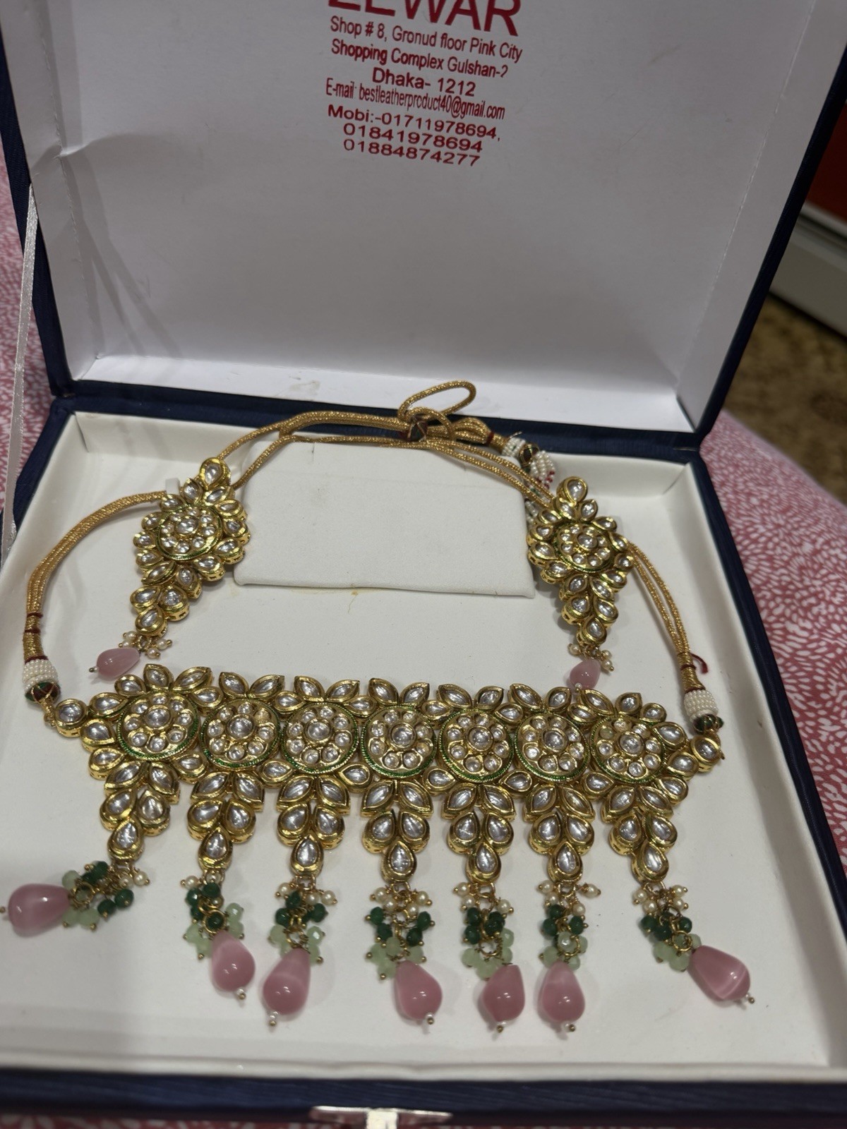 Gold Plated Statement Bib Necklace Clear Crystals Pink/Green Bead Dangles