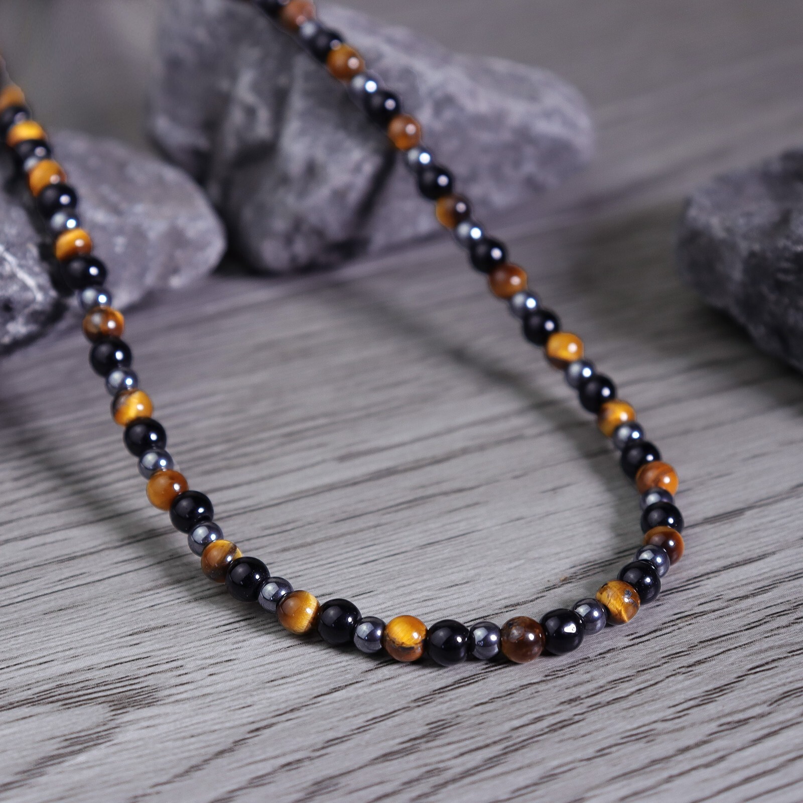 Triple Protection Tiger Eye Obsidian Hematite Beaded Women Men’s Choker Necklace