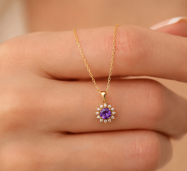 14K Yellow Gold Plated Simulated Amethyst Solitaire 1.50 Ctw Pendant Necklace