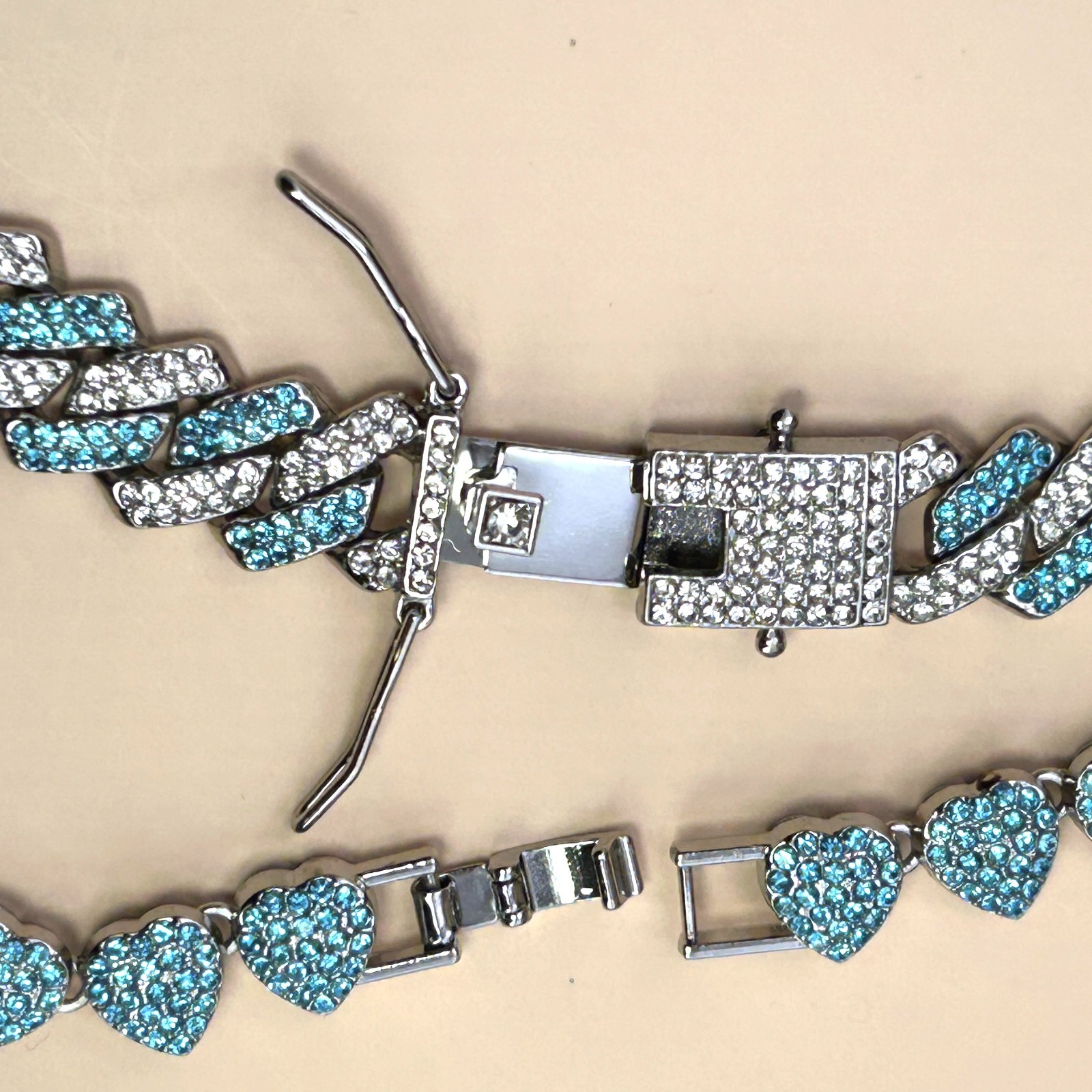 Blue Rhinestone Cuban Link & Heart Chain Necklace Set Statement Jewelry