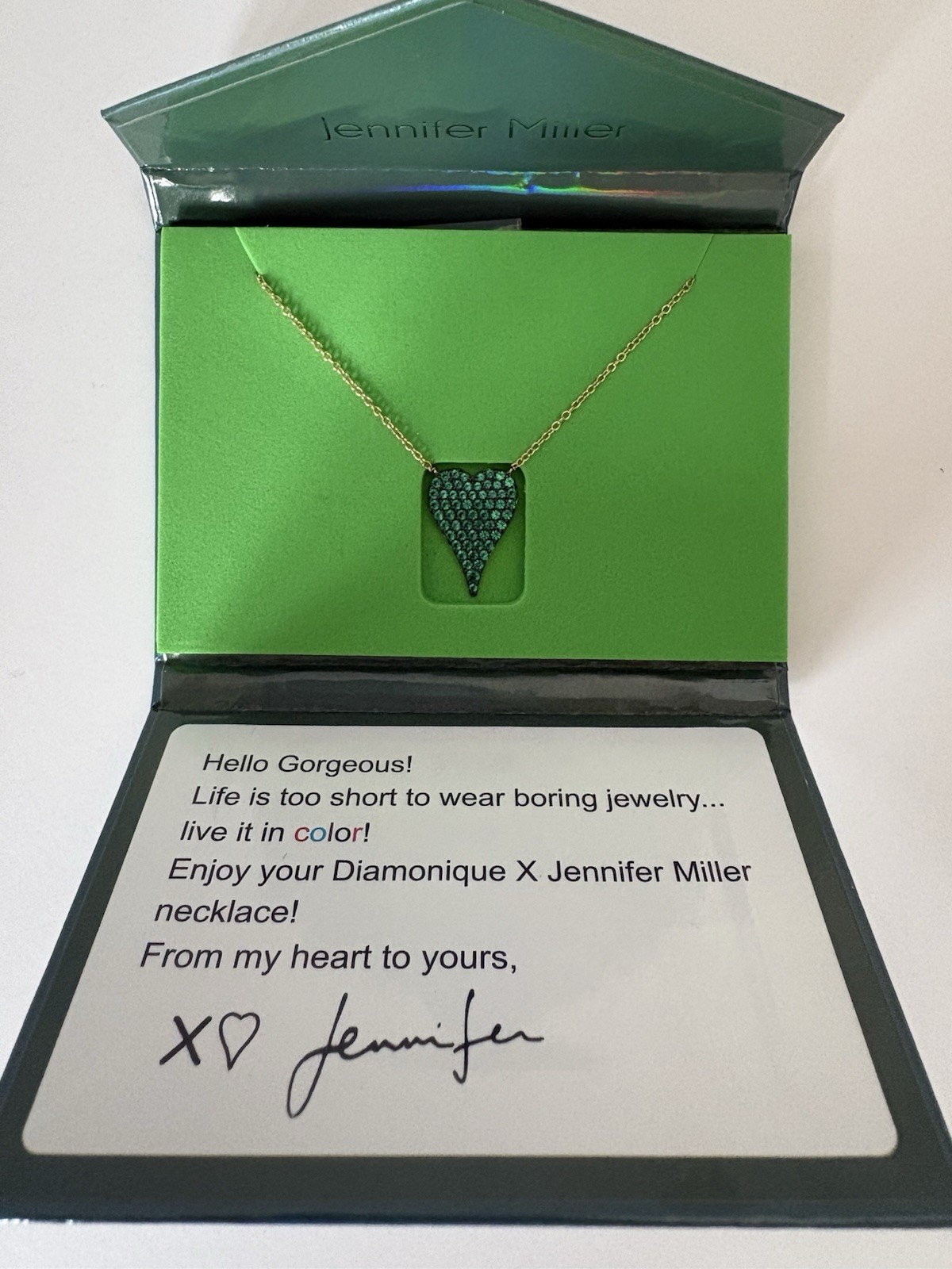 Diamonique by Jennifer Miller Green Heart Necklace CZ Sterling Silver Brand New