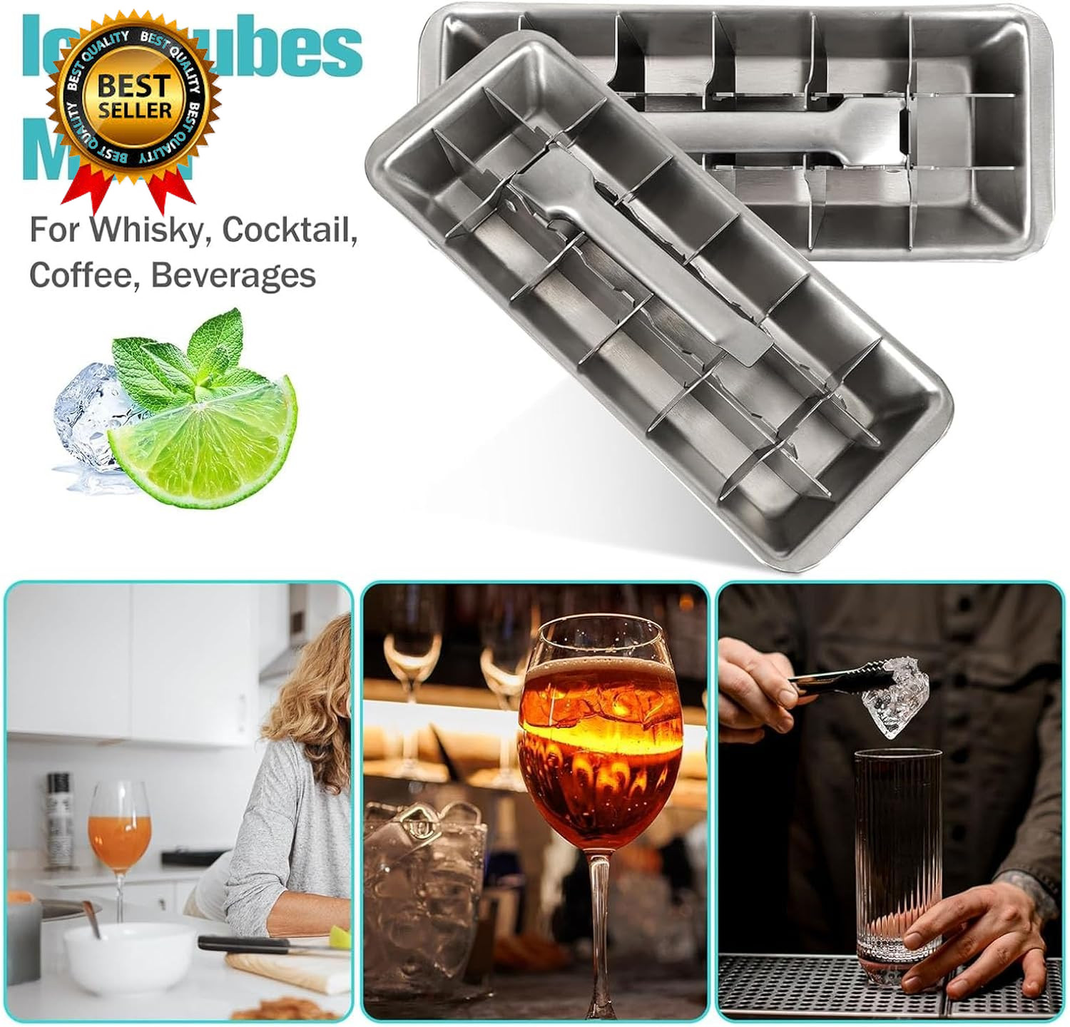 Stainless Steel & Metal Ice Cube Trays with Handle – 18-Slot Small Ice Cube Mold