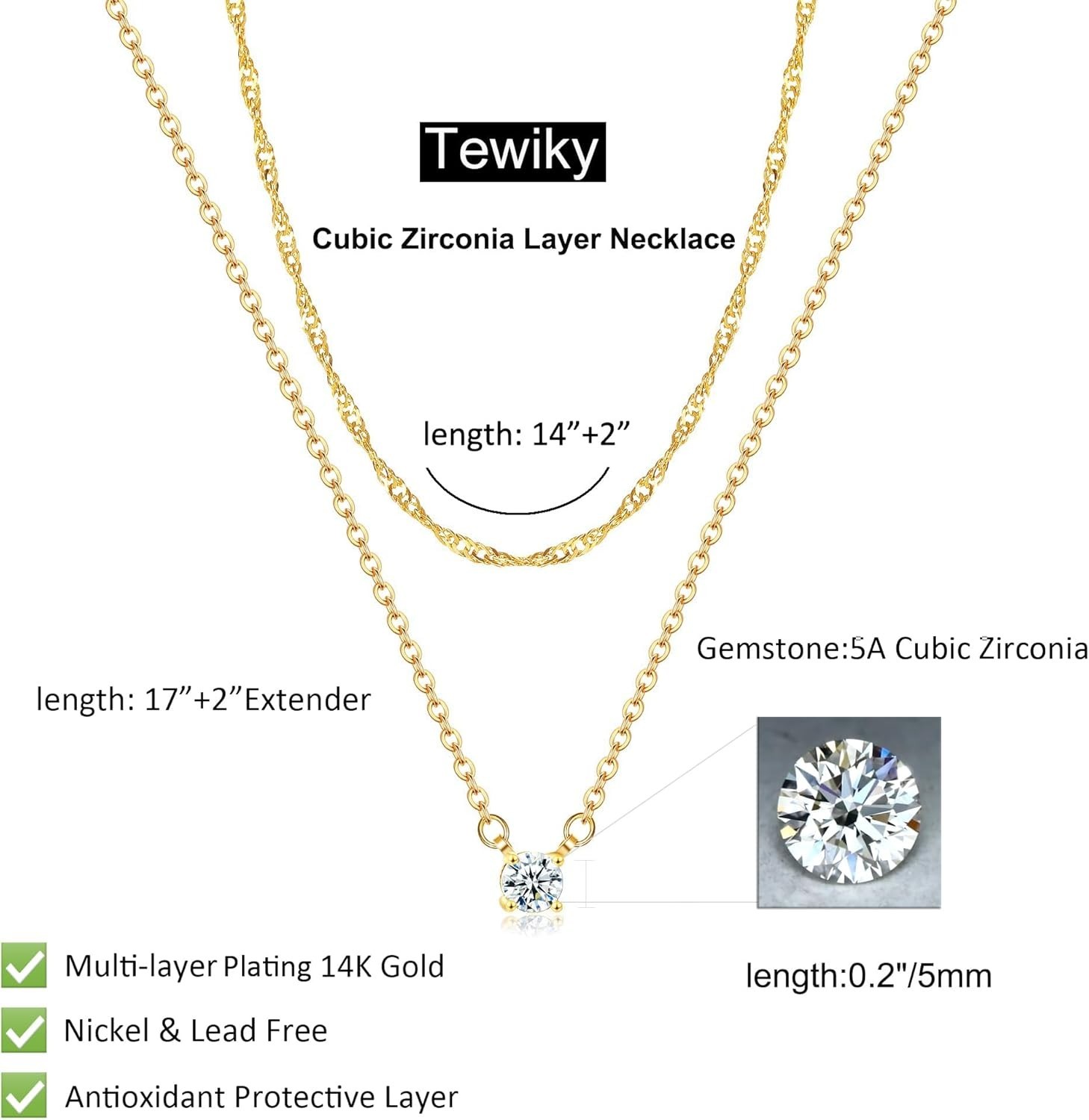 Stunning Dainty Layered Chain 14k Gold Plated CZ Necklace for Special Occasions