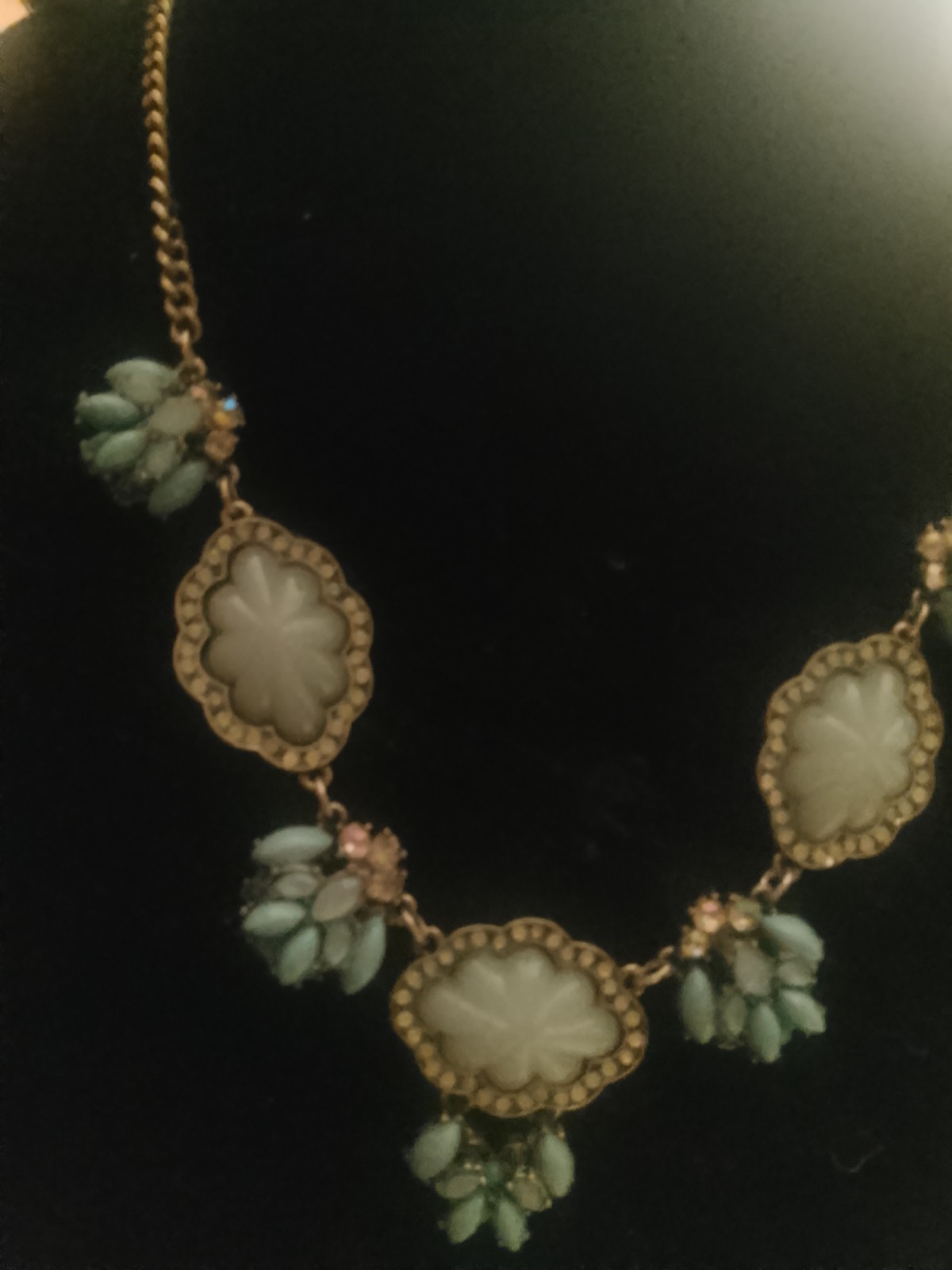 Gold Tone Floral Bib Statement Necklace White Oval Bezel Cabochons Green Dangles