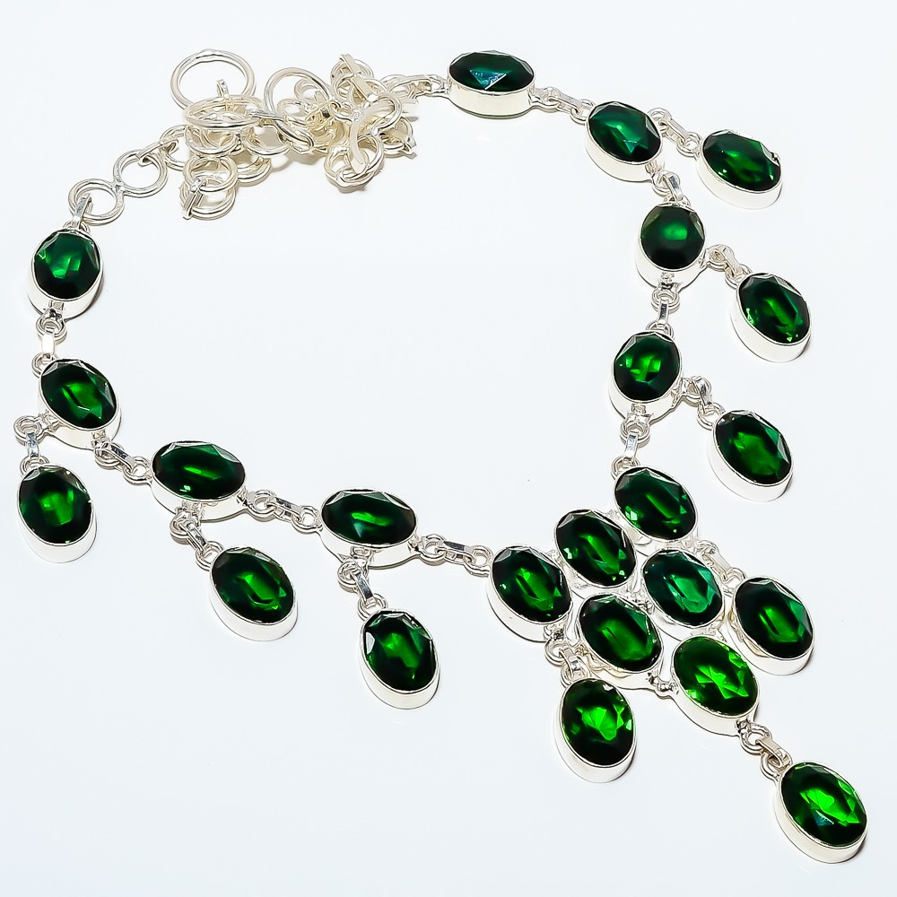 Emerald Quartz (Simulated) 925 Silver Plated Jewelry Necklace 17.99″ T524-523