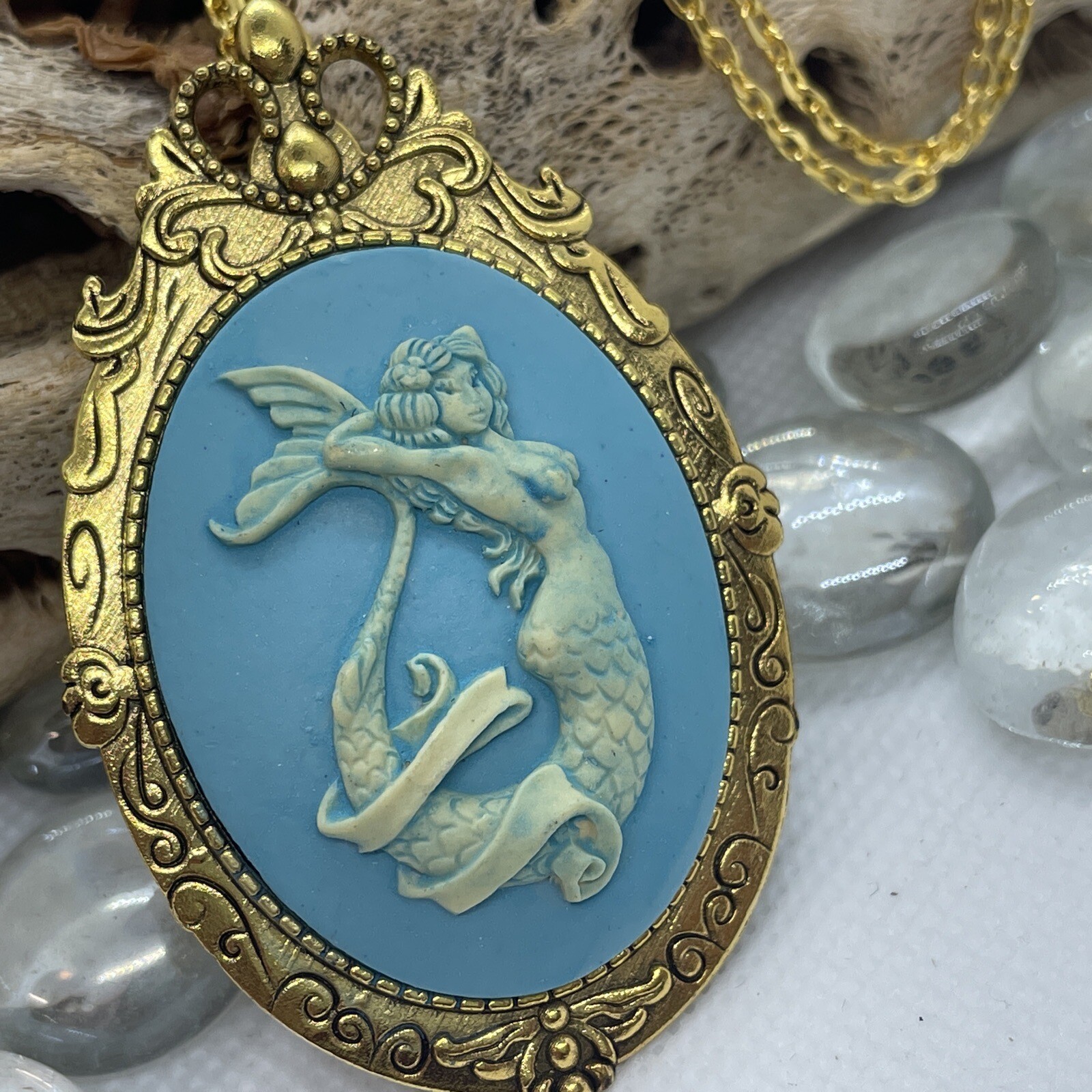 Mermaid Beach BFF Sister Sea Goddess WEDDING Siren Cameo Necklace Teal Gold New