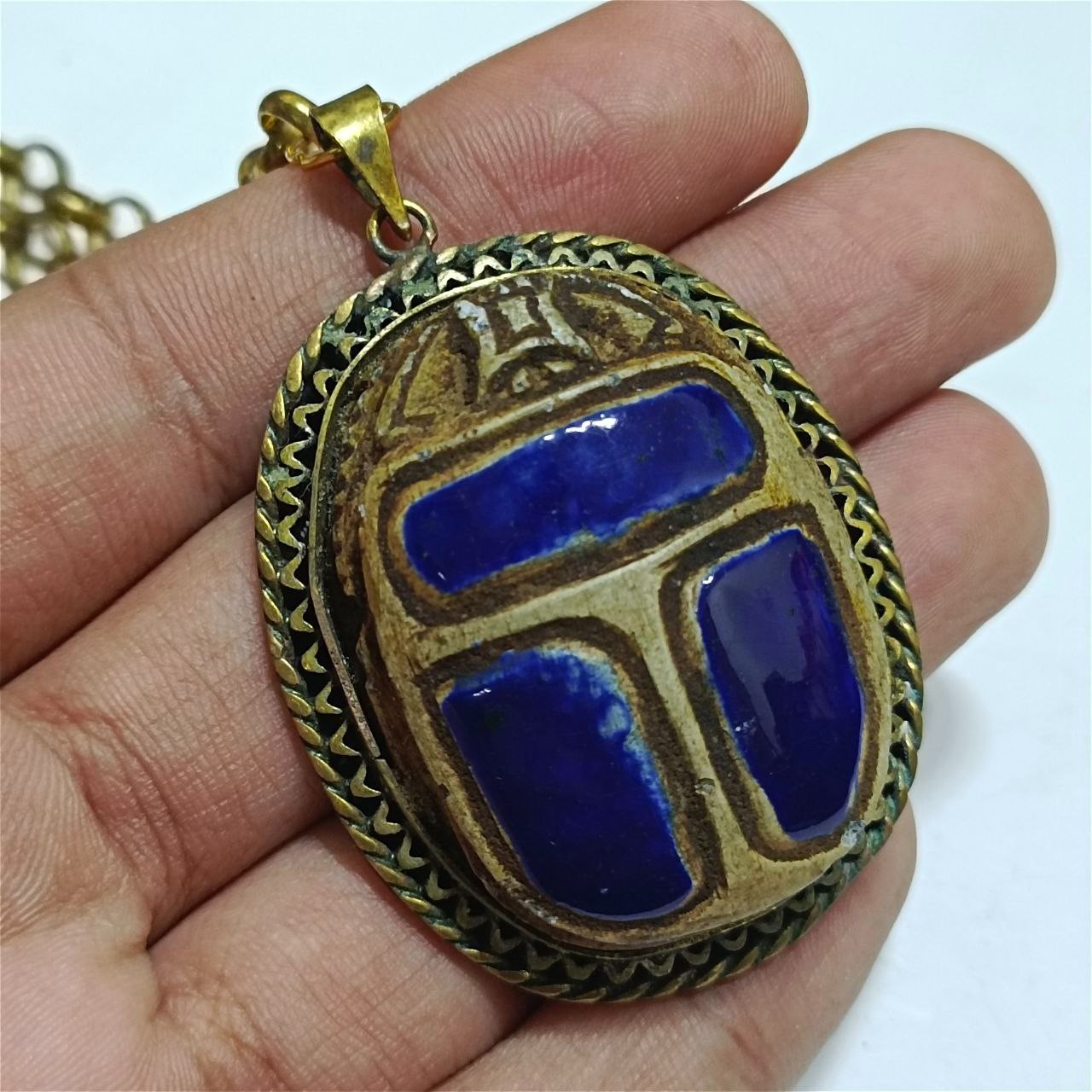 Vintage Brass Scarab Pendant Necklace Blue Inlay Classic Egyptian Style Jewelry