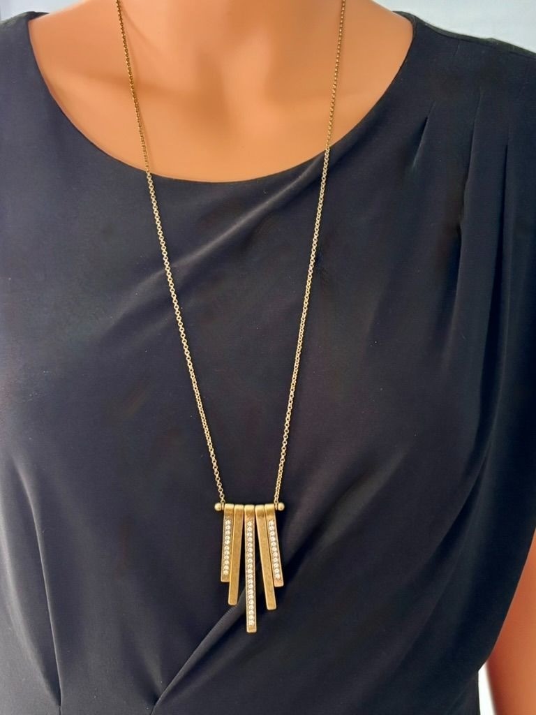 J. Crew Long Brass Gold-Tone Necklace Dangling Vertical Bar Charms W Rhinestones