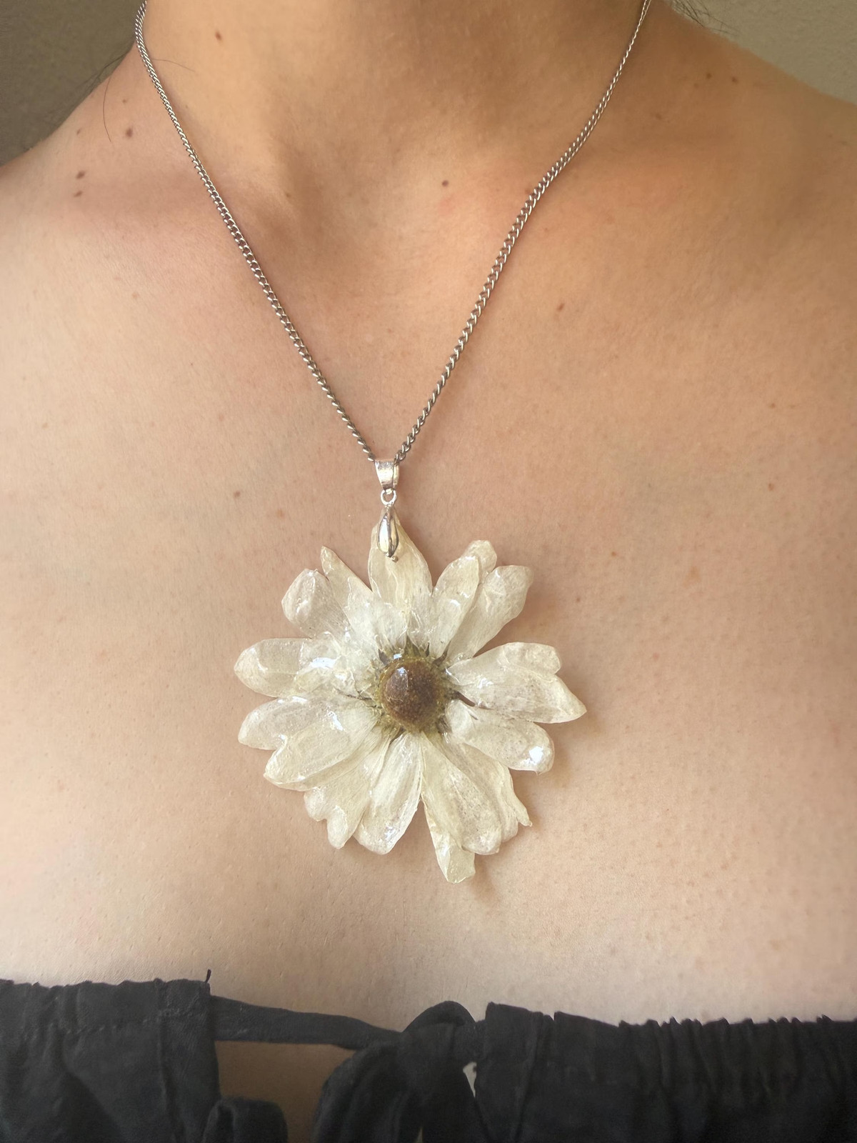 Real White Daisy Resin Necklace | Preserved Wildflower | Stainless Steel Chain
