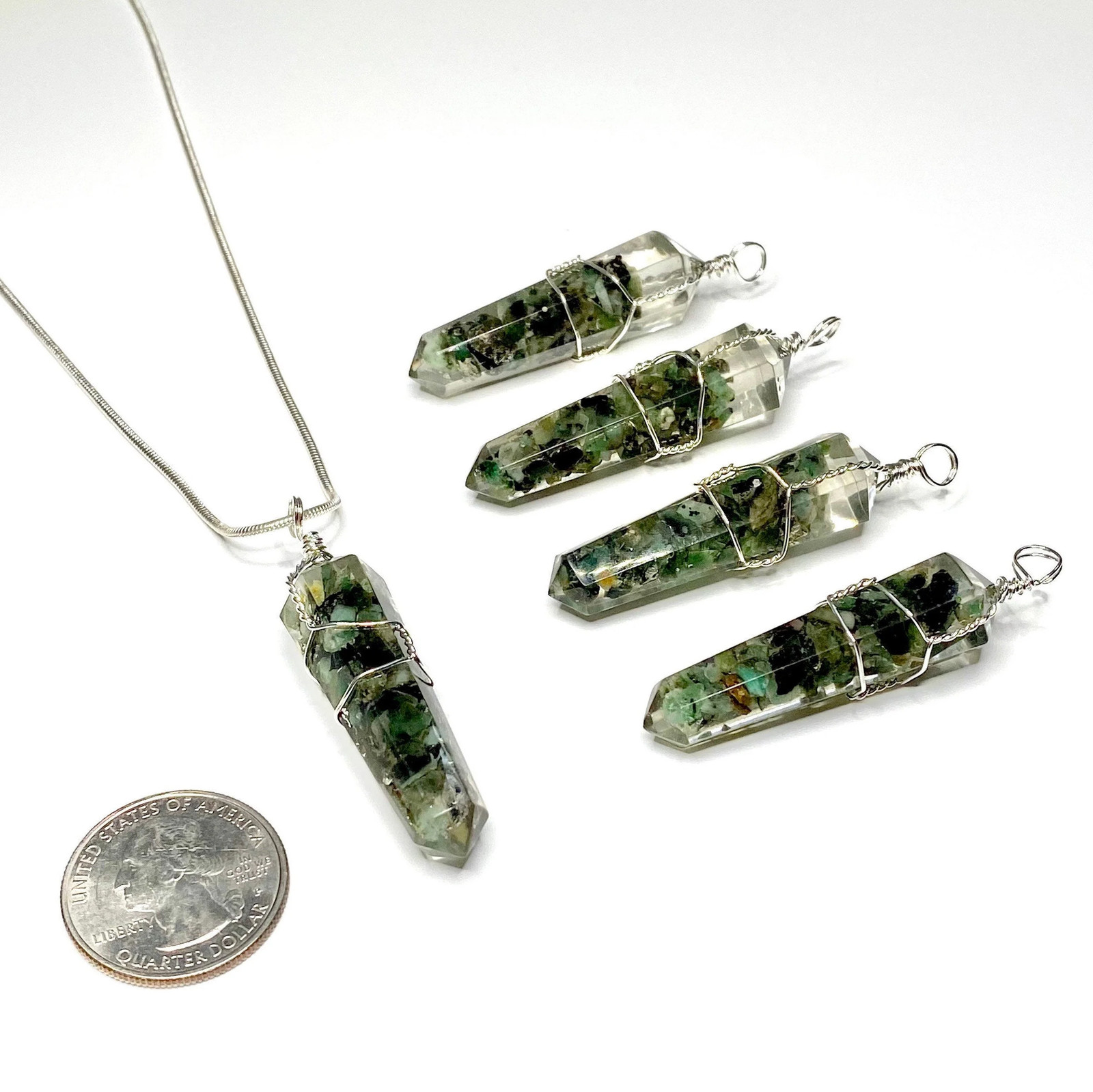 Emerald in Orgonite Wire Wrapped Pendant Necklace