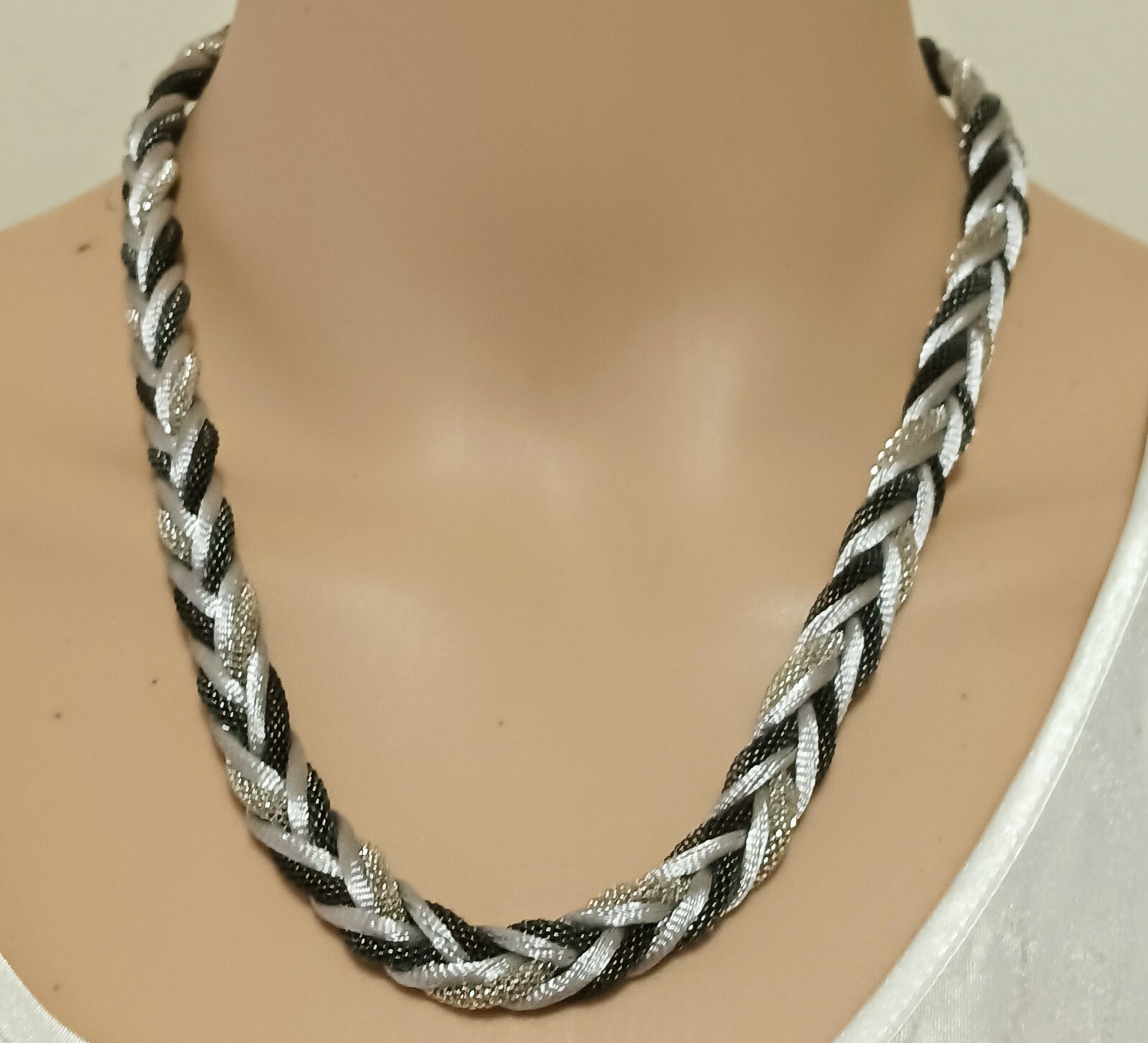 Braided Satin Chain Necklace Silver Black Mesh Multi Strand Cord Drop 20″