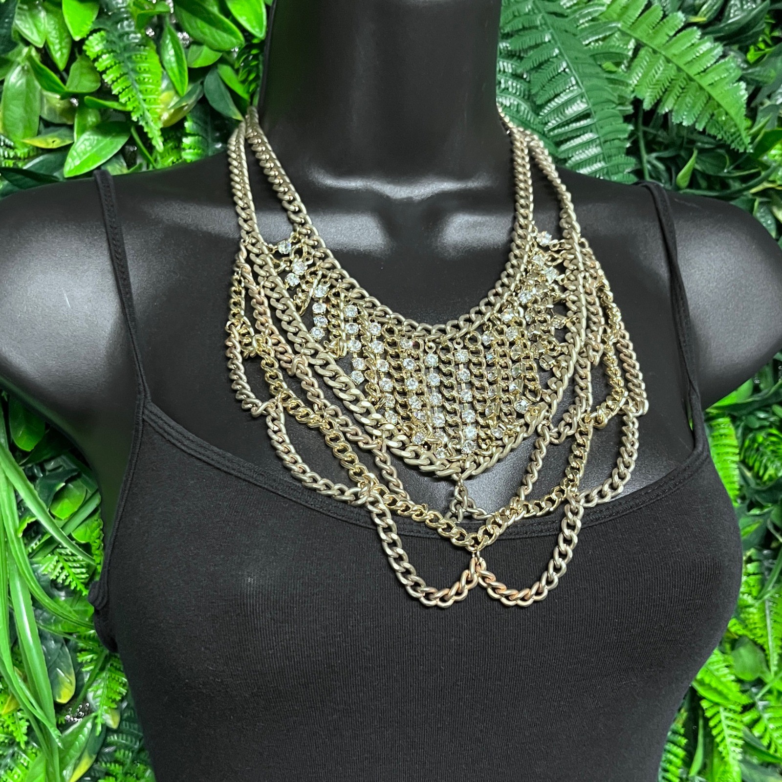 Statement Bib Necklace Gold Tone Multi Layered Rhinestone Curb Chain Chunky 3817