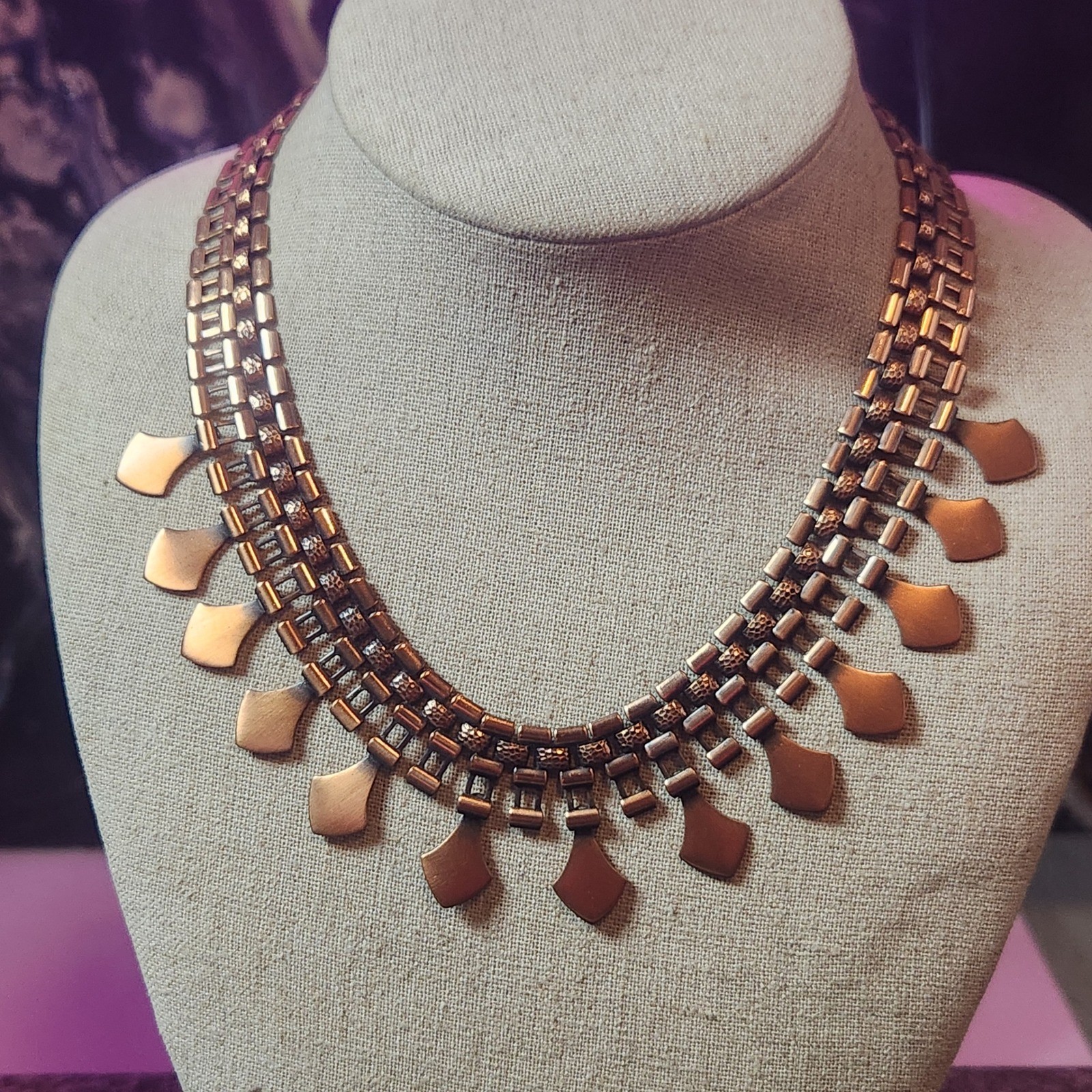 Vintage Copper Tone Geometric Fringe Collar Statement Necklace Hammered Links