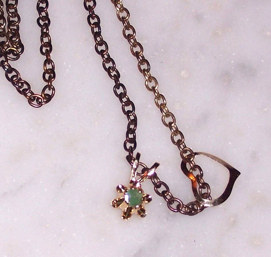 2 Pendants on gold tone chain – No Mark – Heart & Green Prong Set Stone #N378