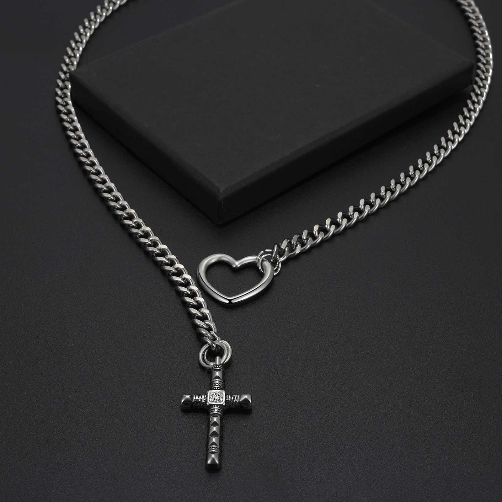 Men Women Cross Pendant Lariat Necklace Stainless Steel Adjustable Silding Chian