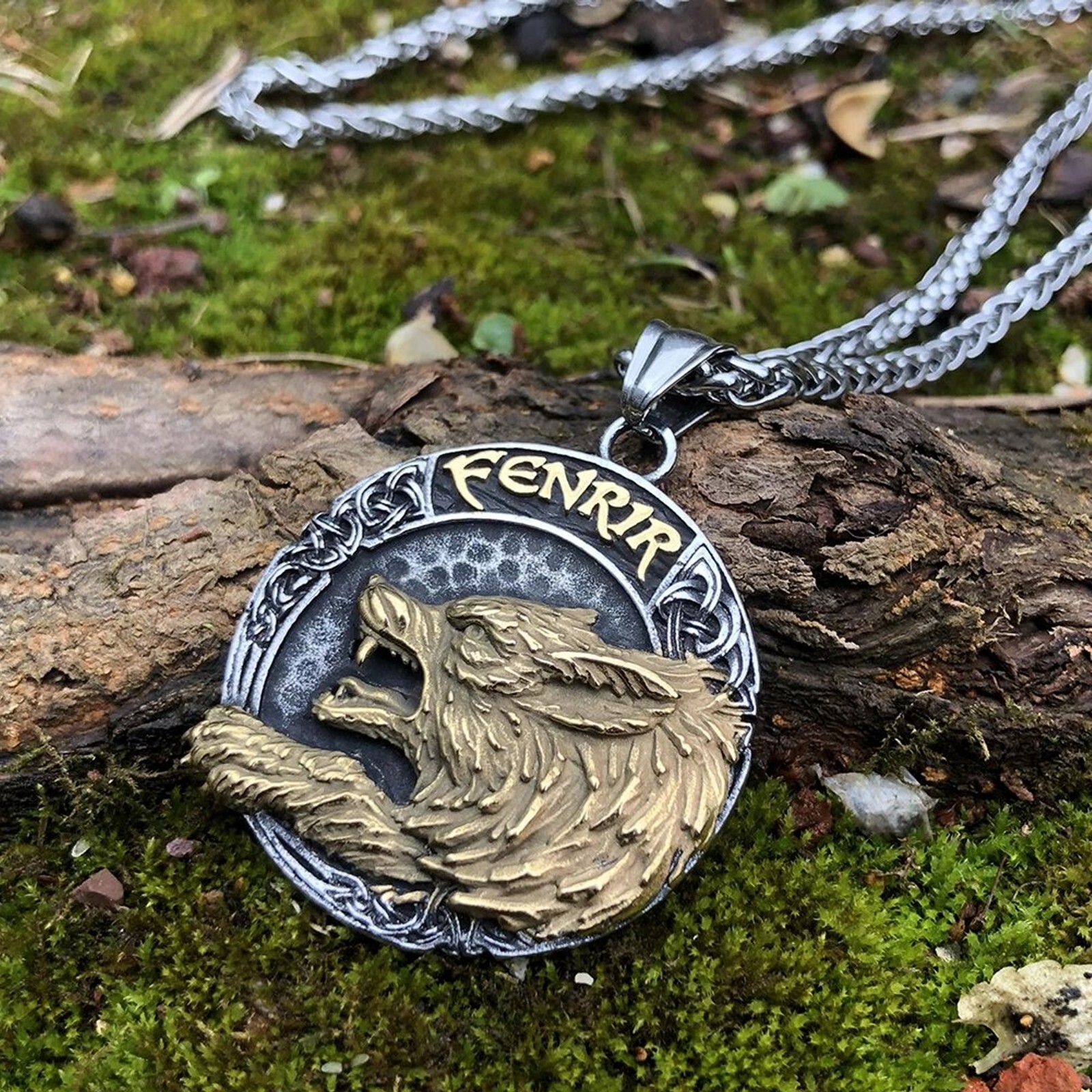 Fenrir Wolf Necklace Gold Silver Stainless Steel Helm of Awe Viking Pendant