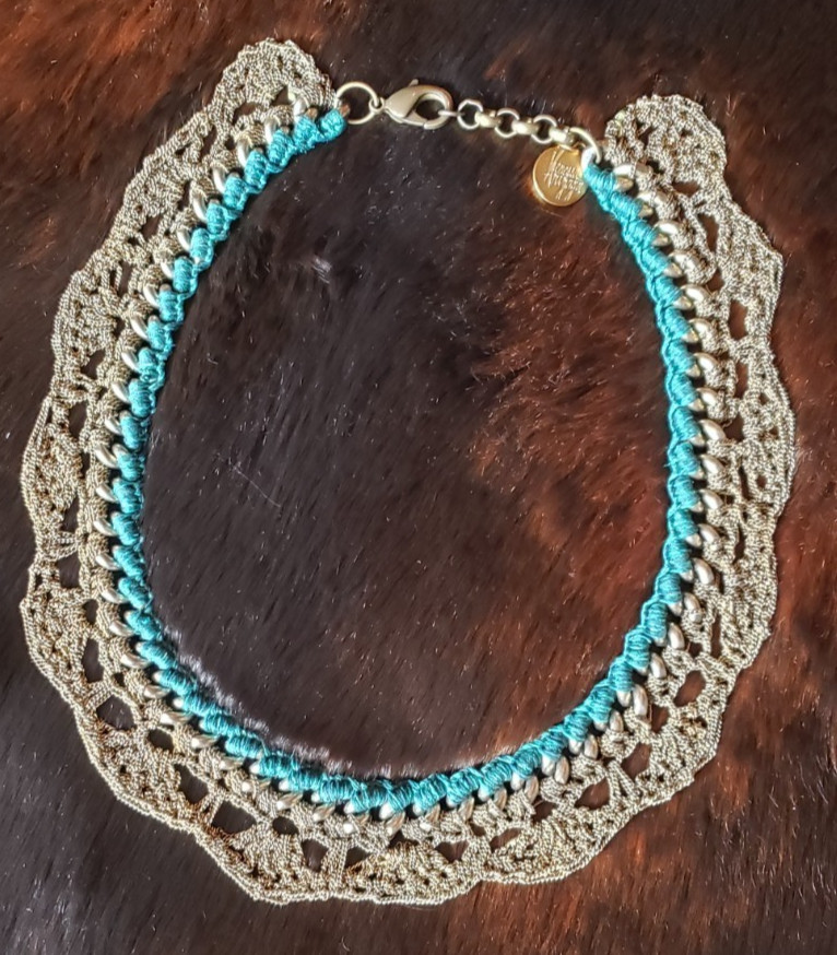 VENESSA ARIZAGA NECKLACE/CHOKER – WOVEN BRASS CHAIN MESH – SILK/COTTON BRAIDED