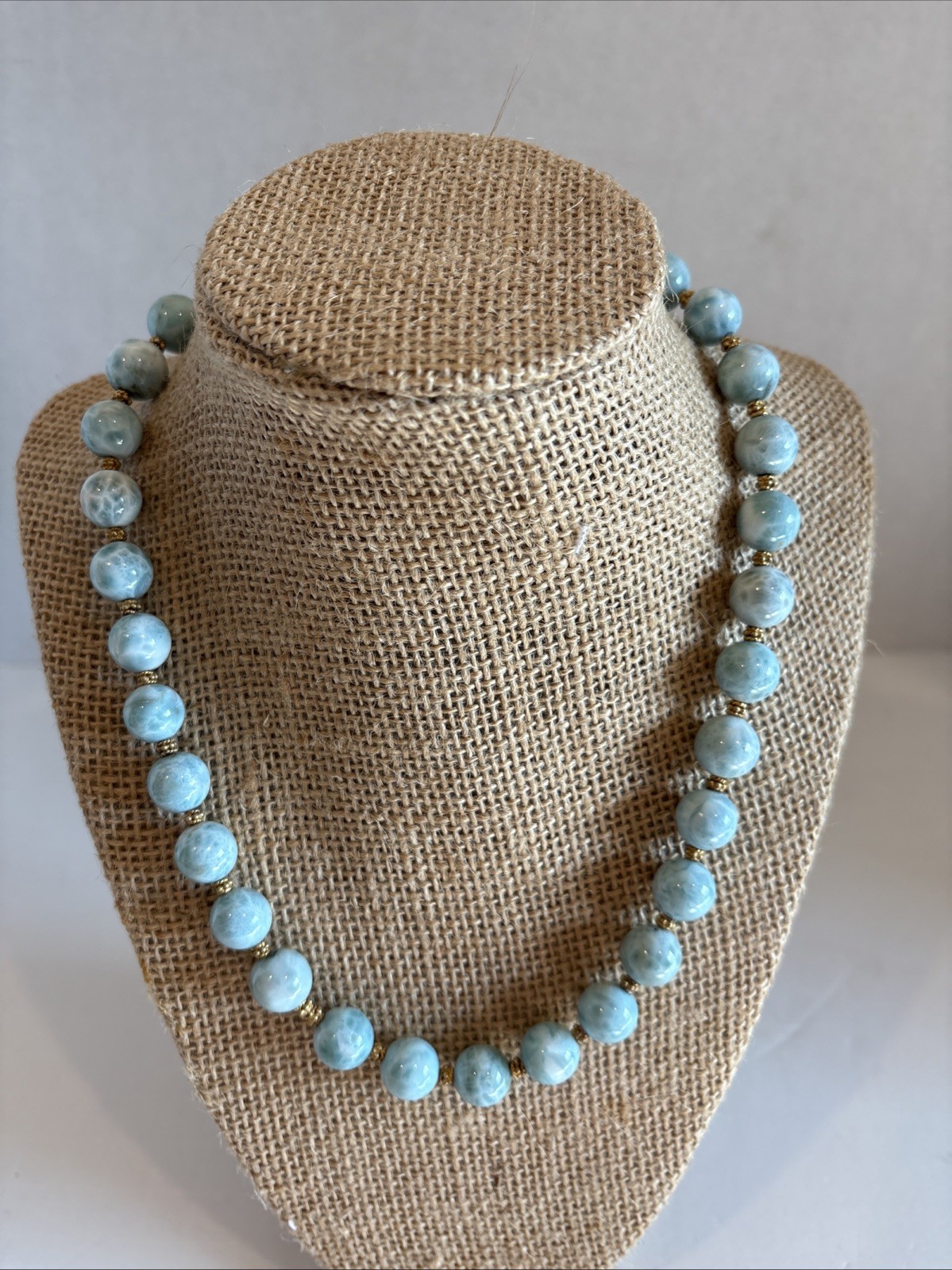 Handcrafted Genuine Dominican Larimar Ball Necklace Brass Accents & Flower Clasp