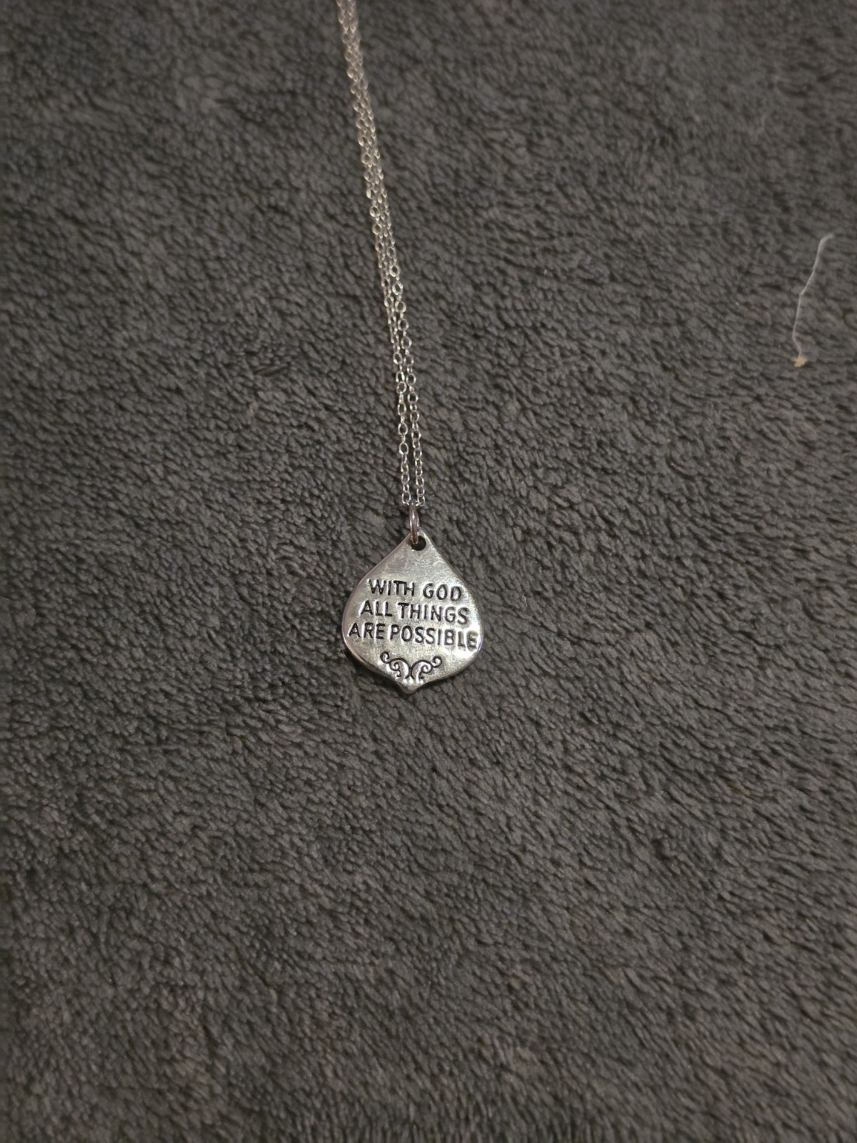 Sterling Silvet Matthew 19:26 Teardrop Charm Pendant Necklace Metal Cable Chain