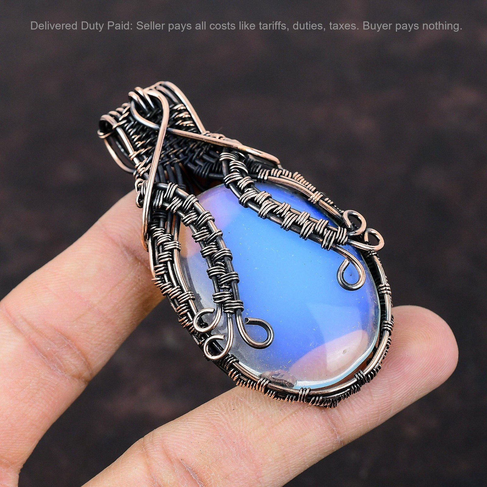 Copper Oval Natural Milky Opal Anniversary Sister Wire Wrapped October Pendant