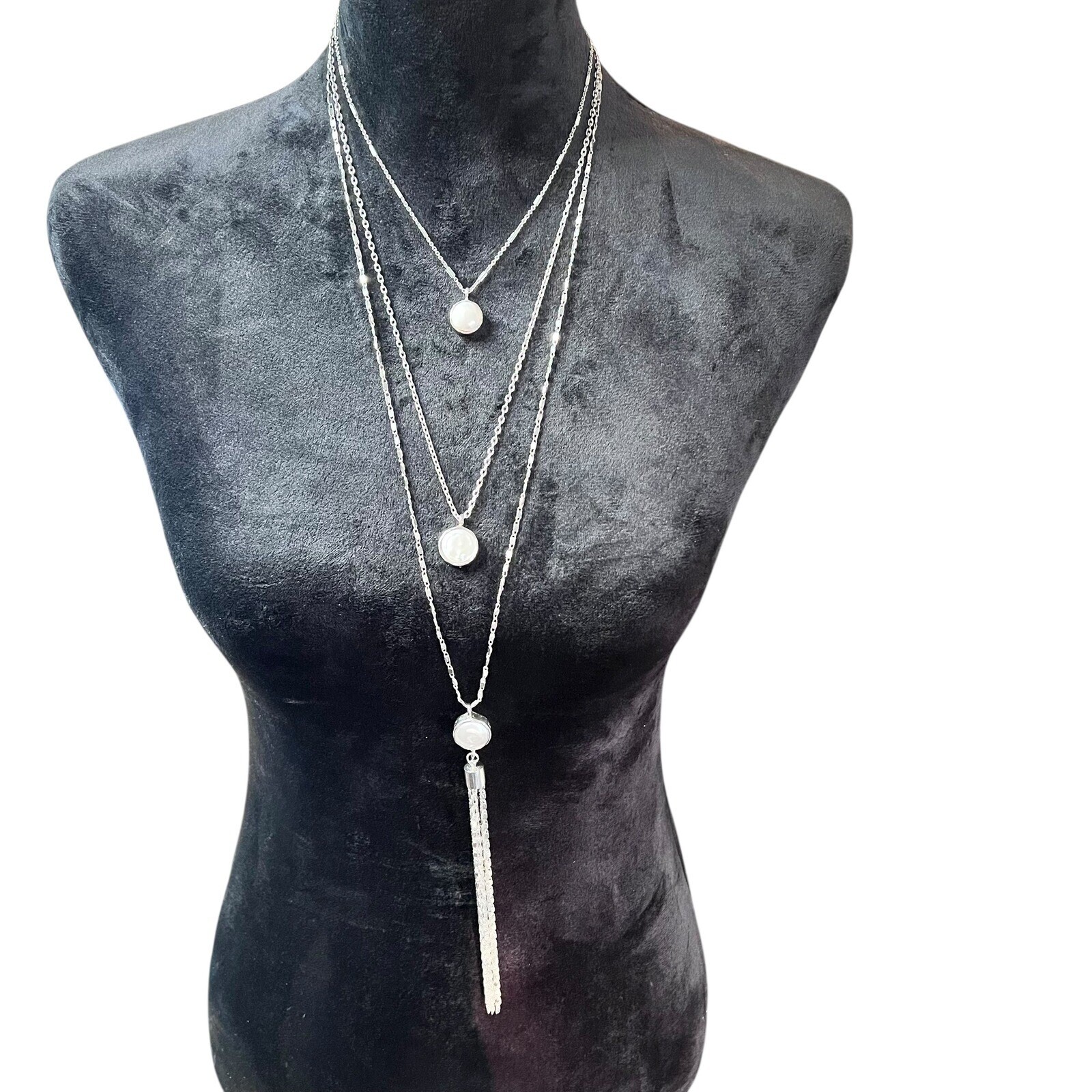 VERONESE Layered Necklace Silver Tone Baroque Pearl Pendant Tassel Chain Women