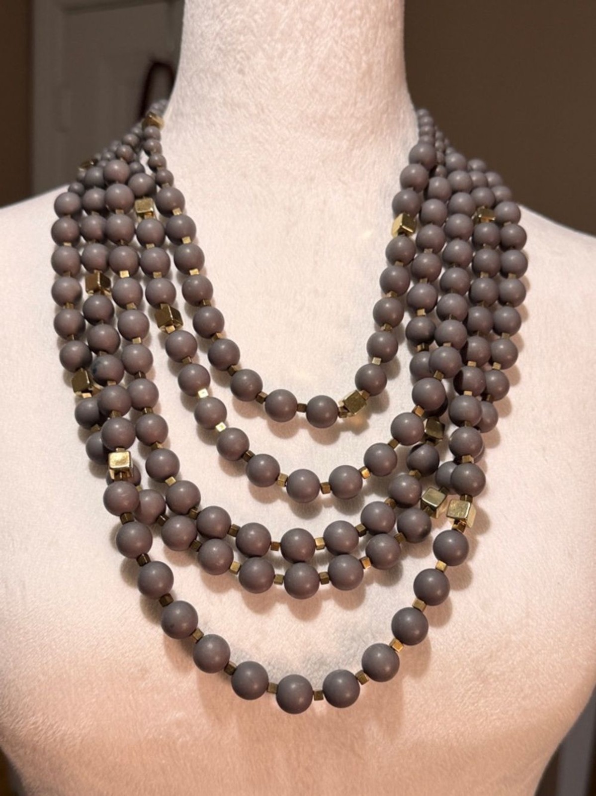Boho Chunky Layered Gray Bead Statement Necklace W/ Gold Accents