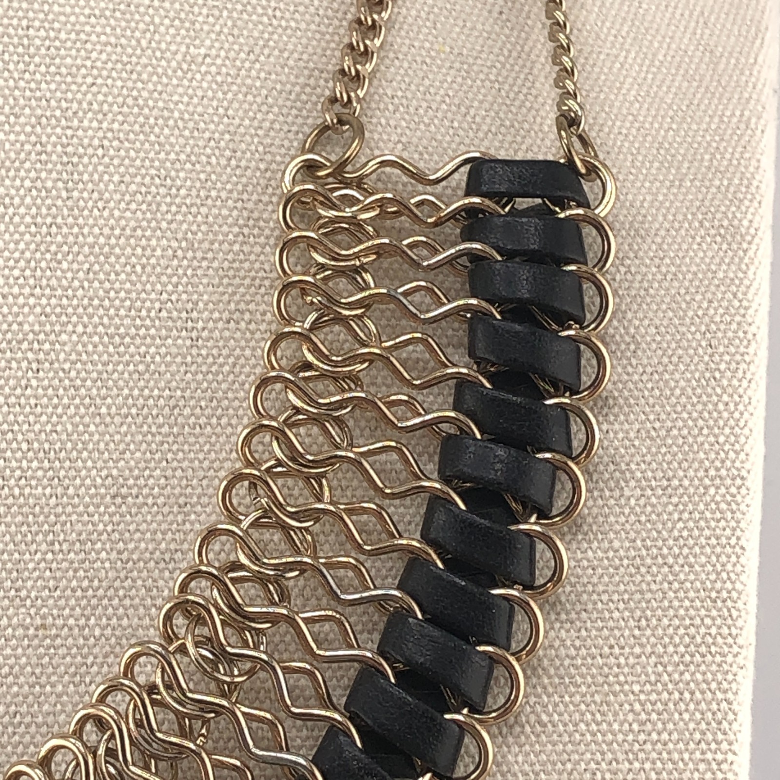 Woven Bib Necklace Gold Tone & Black Cord Statement Festival Retro Collar