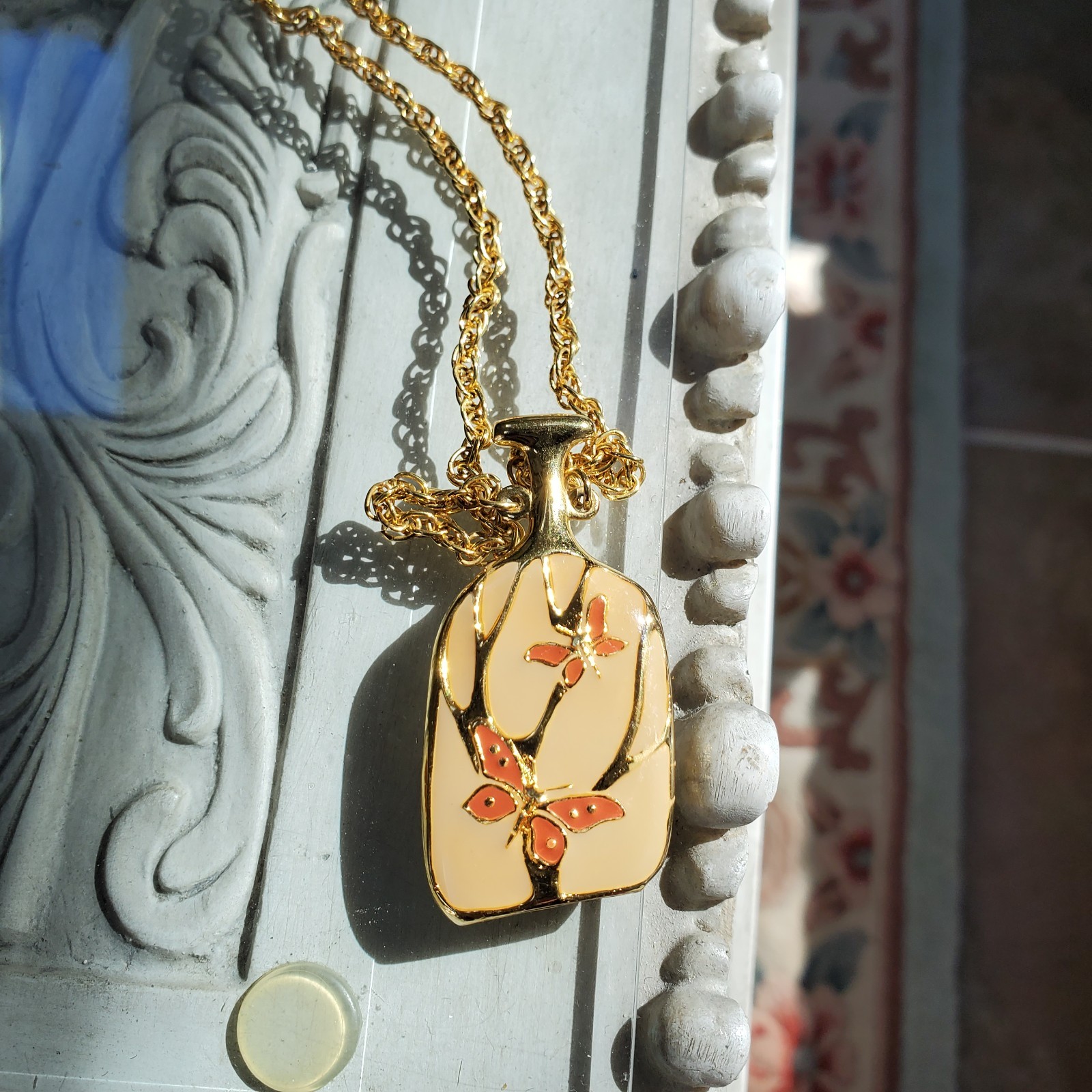 Butterfly Pendant Necklace Goldtone Peachy Orange Signed Thailand 24″