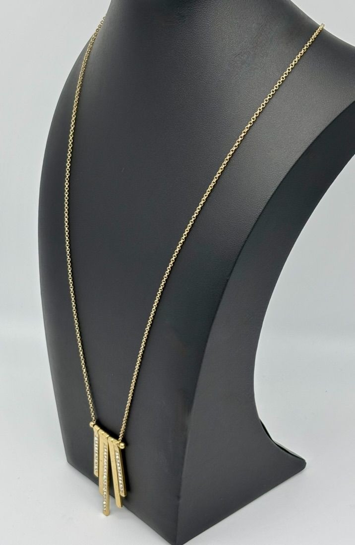 J. Crew Long Brass Gold-Tone Necklace Dangling Vertical Bar Charms W Rhinestones