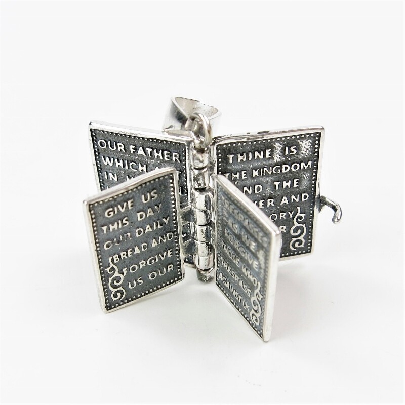 925 Sterling Silver Lord’s Prayer Holy Bible Open Pages Locket Charm Pendant