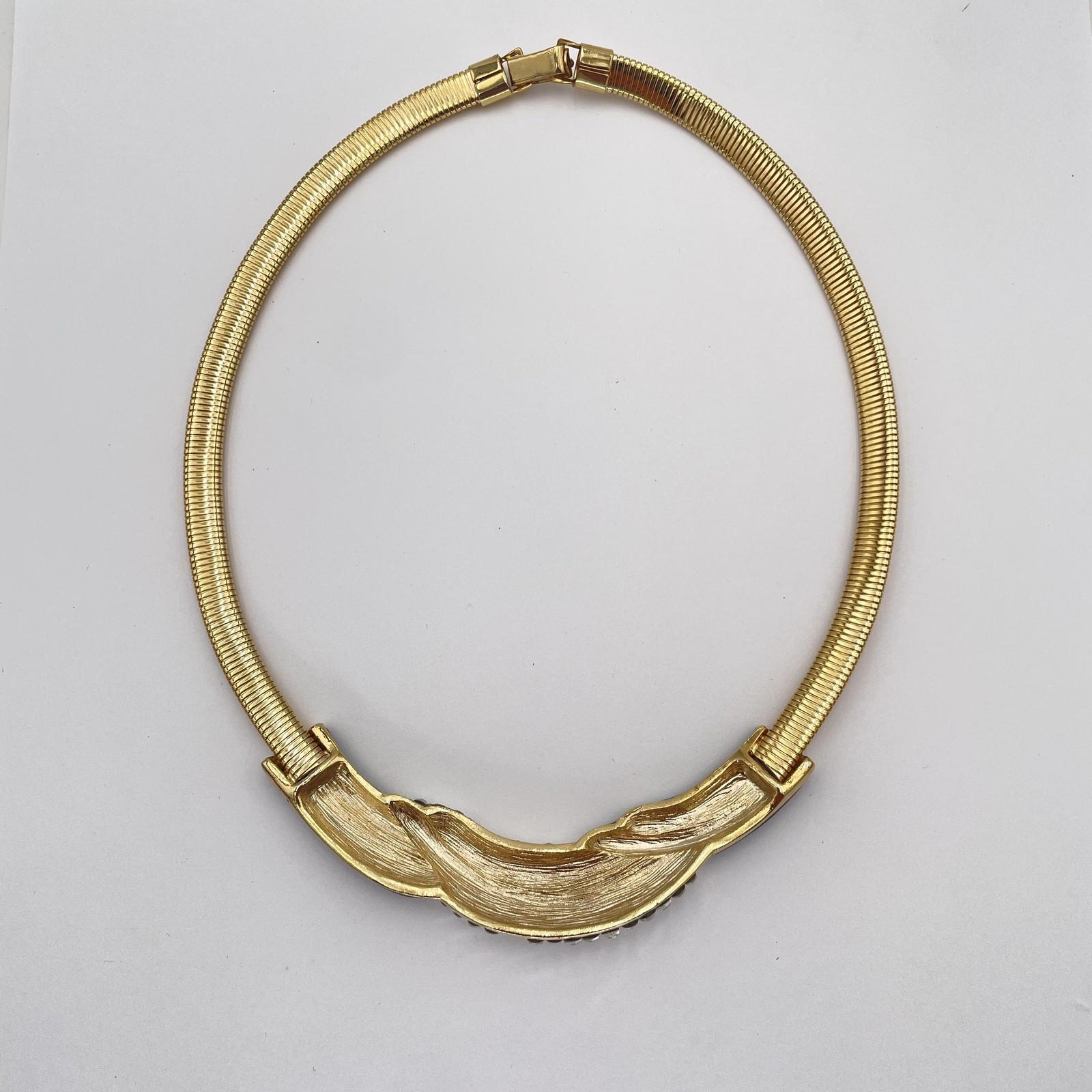 Vintage Gold Tone Rhinestone Collar Necklace Black Enamel Statement Choker 16in