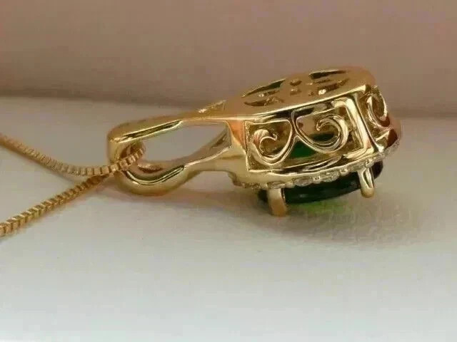 3Ct Oval Cut Lab Created Emerald & Diamond Halo Pendant 14K Yellow Gold Plated