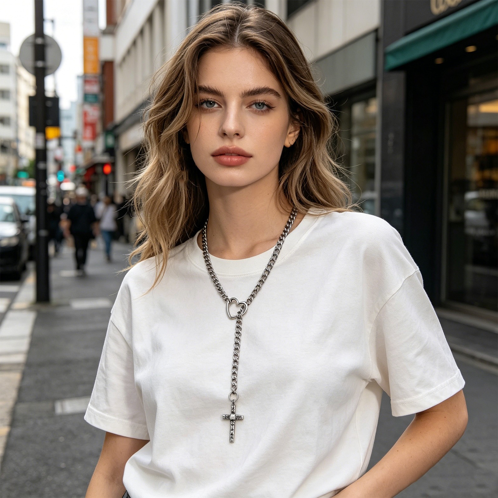 Men Women Cross Pendant Lariat Necklace Stainless Steel Adjustable Silding Chian