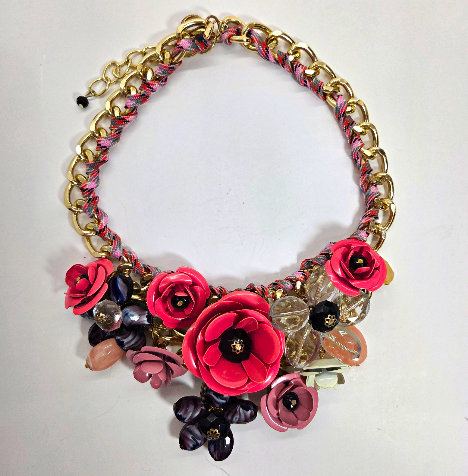 Multicolor Floral Bib Collar Statement Necklace Cable Chain Adjustable 18in