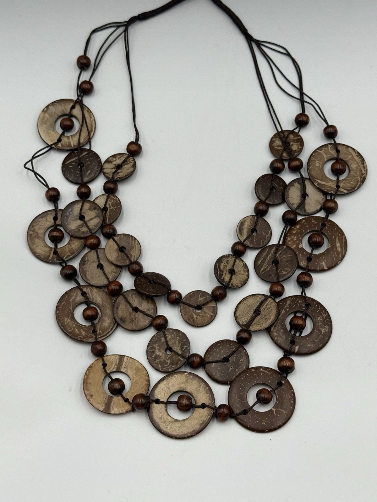 Boho Coconut Shell Statement Necklace Adjustable Layered Wooden Bead