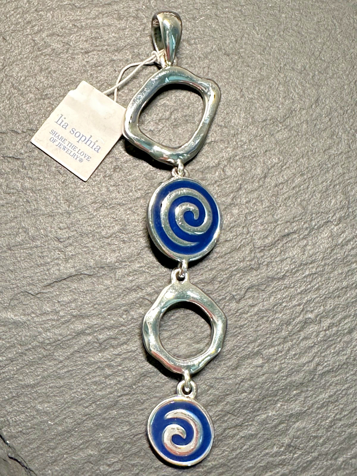 NEW WITH TAG SILVER TONE & BLUE 3.75″ MODERN PENDANT I224