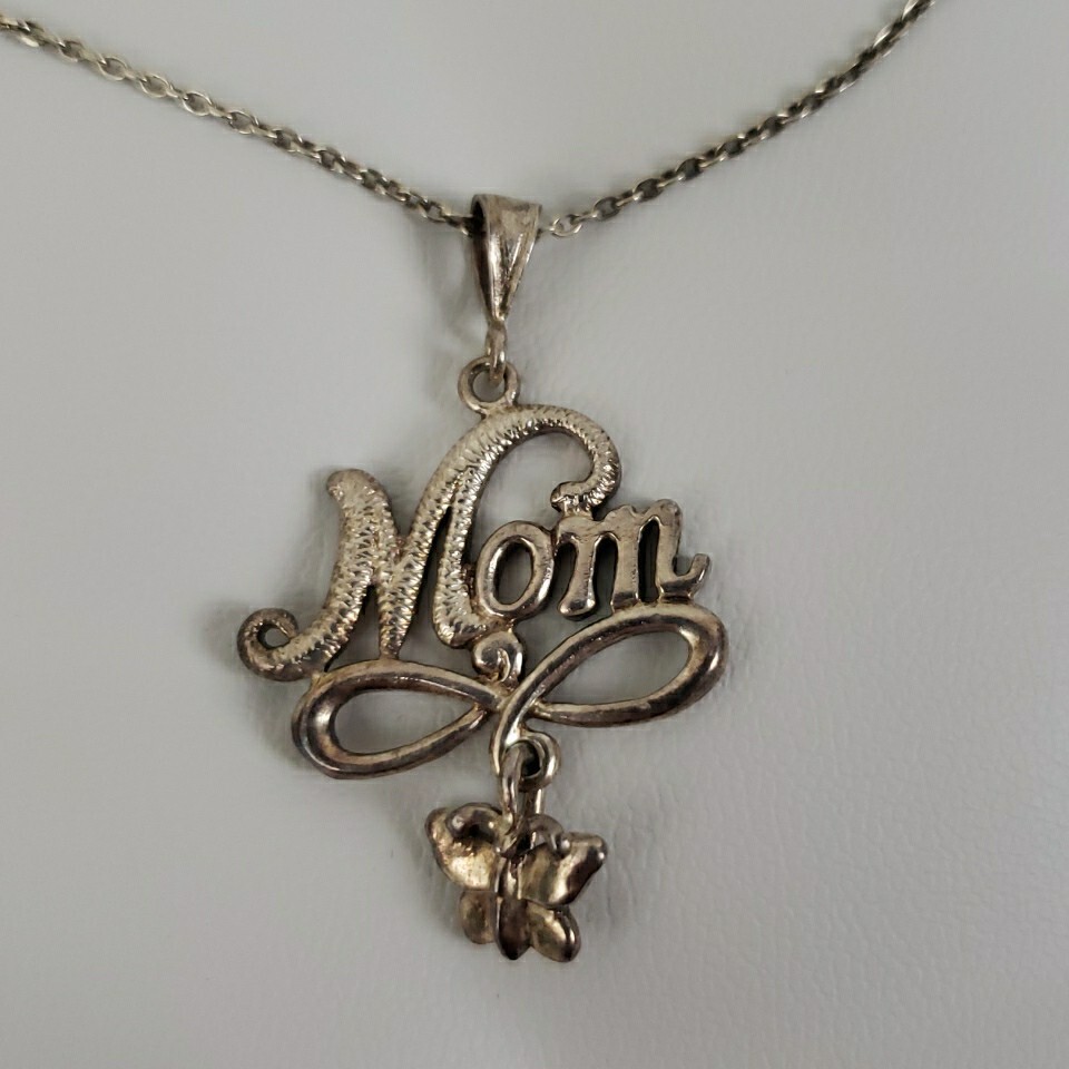 MOM Pendant Infinity Butterfly Dangle 18″ Necklace Marked SA 925 Sterling Silver
