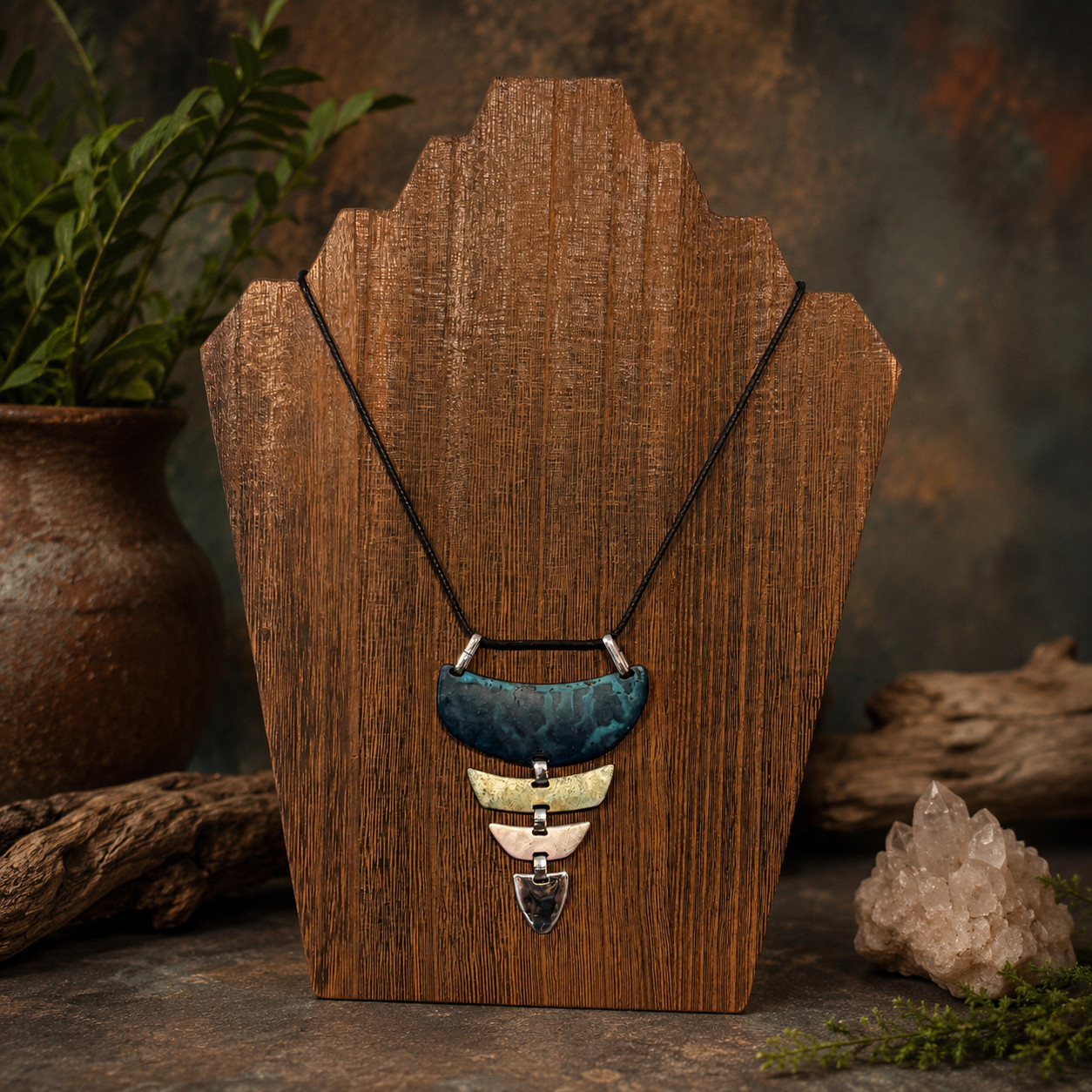 RLM Soho Stacked Multi color stone & silver stone boho western pendant on chord