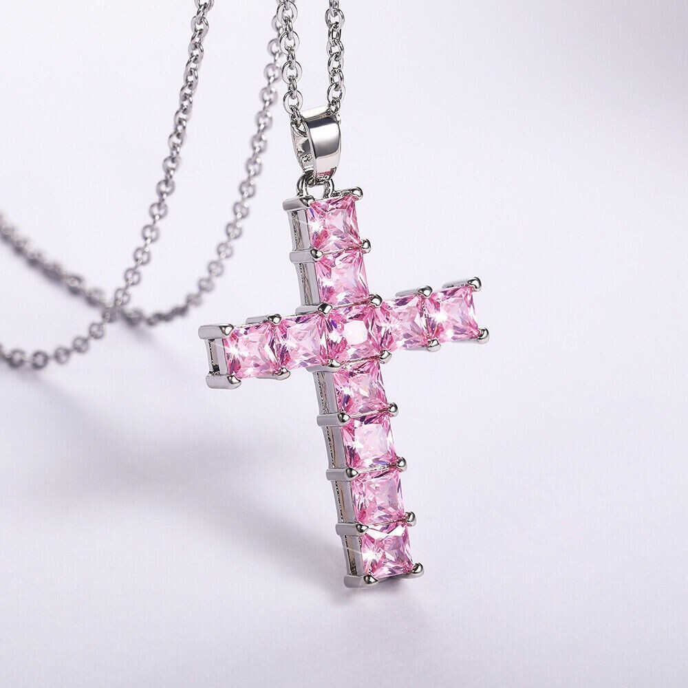Silver & Pink Cross Necklace CZ Cubic Zircon Diamond Pendant,Jesus, Church,Bling