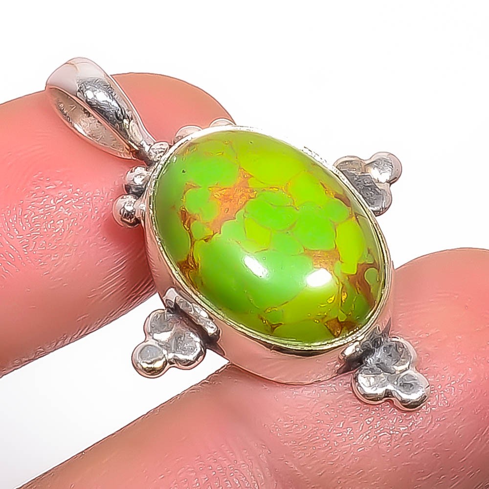 Copper Green Turquoise Gemstone 925 Silver Plated Pendant 1.37″ P7354-38