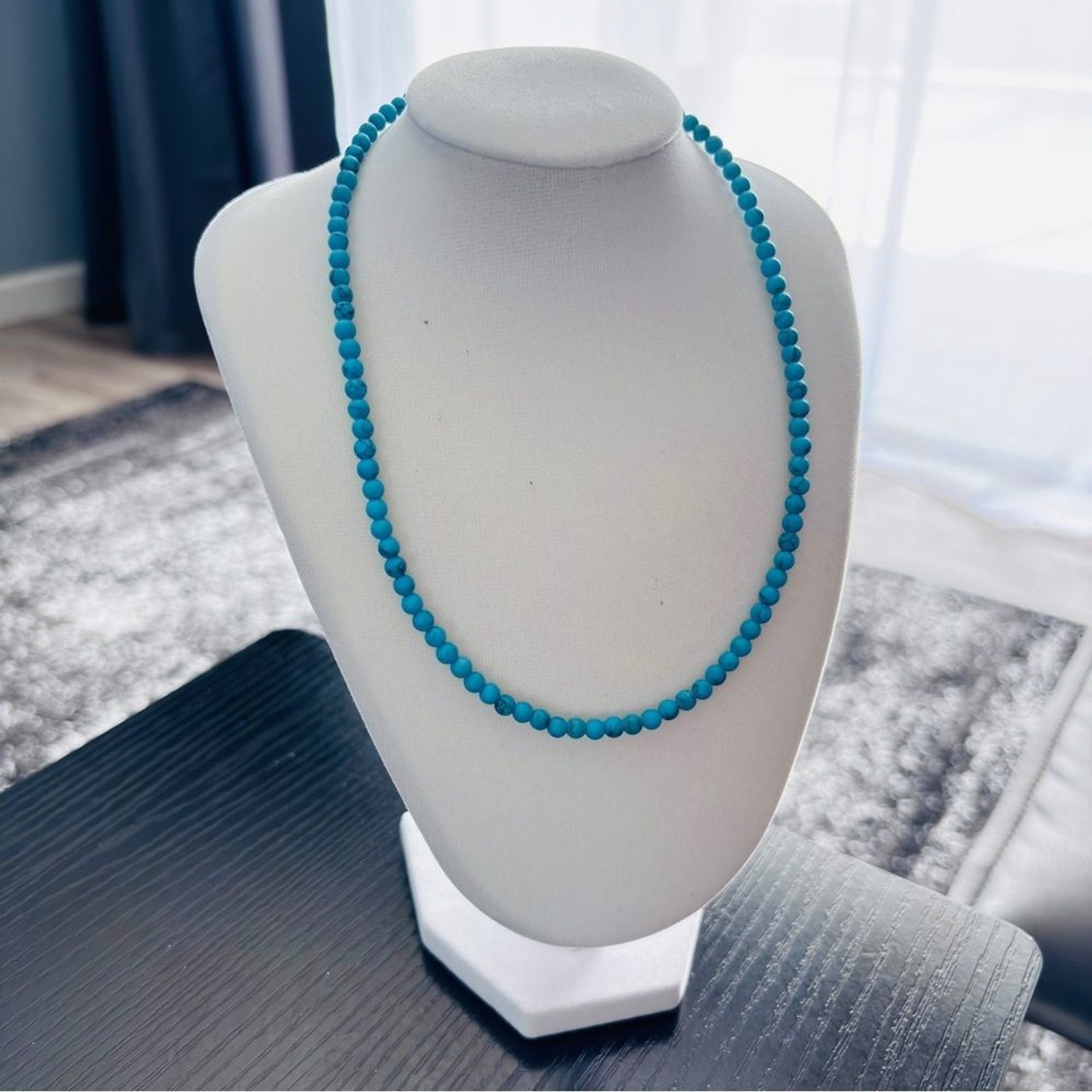 Turquoise Bead Choker Necklace Minimalist 16” Toggle Clasp