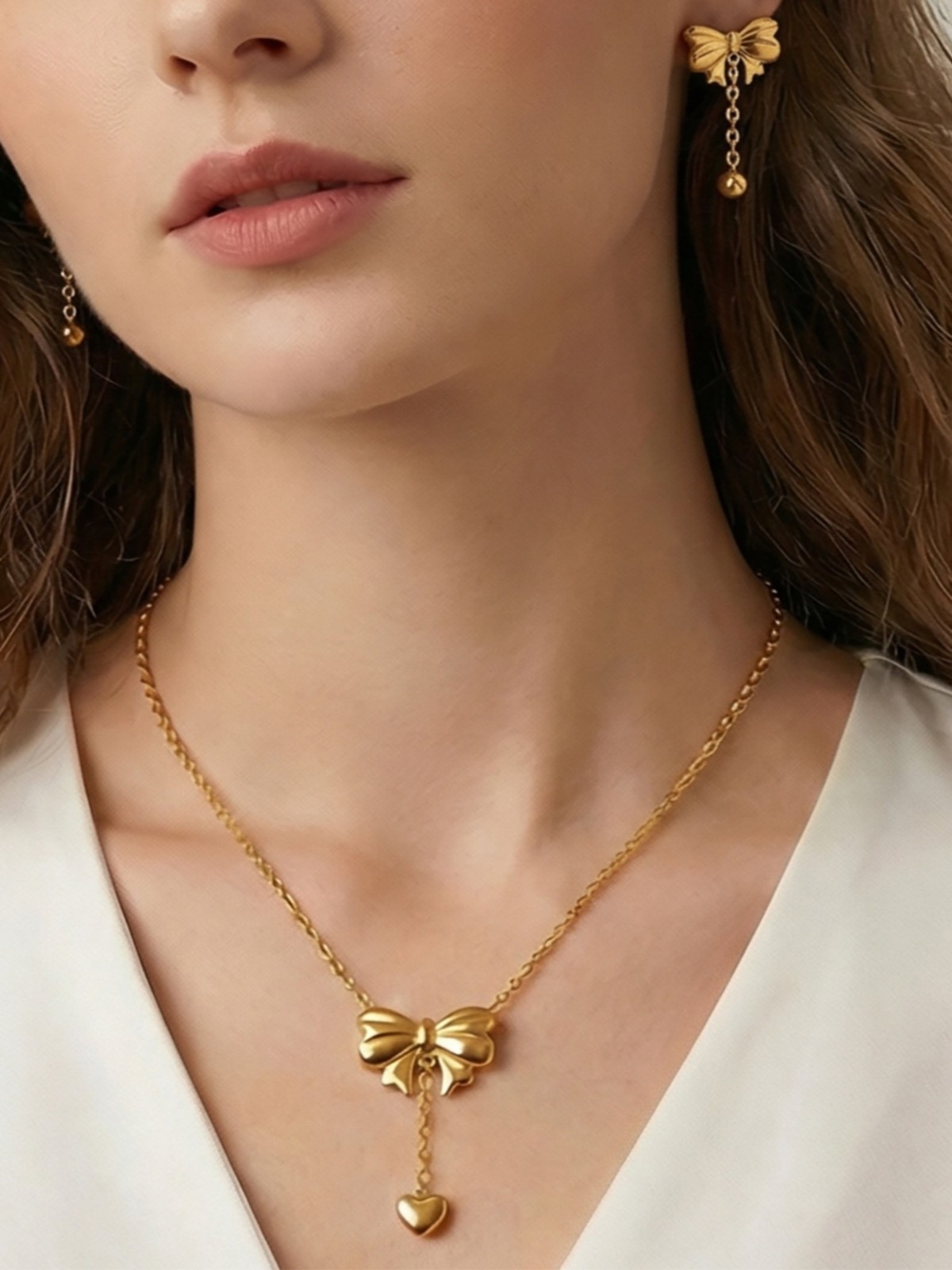 Gold Tone Stainless Steel Bow Heart Drop Pendant Necklace
