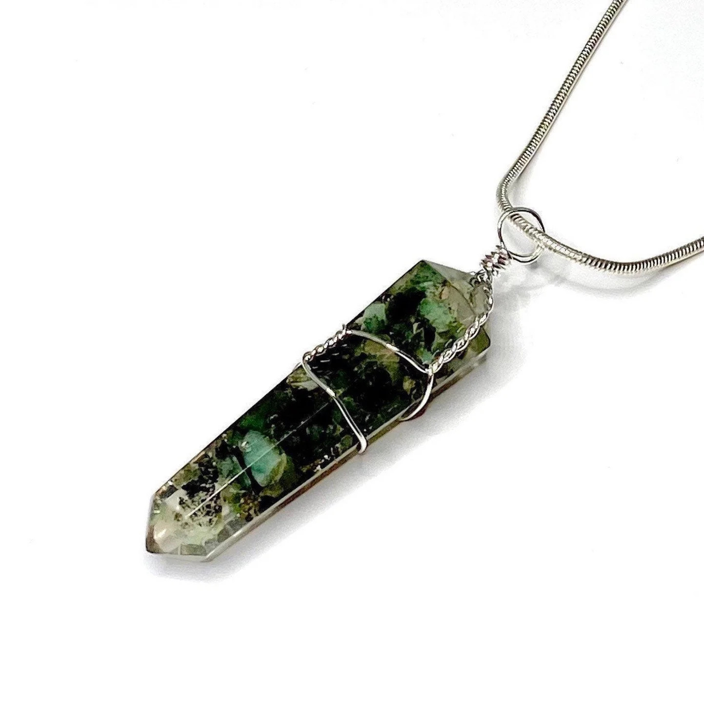 Emerald in Orgonite Wire Wrapped Pendant Necklace