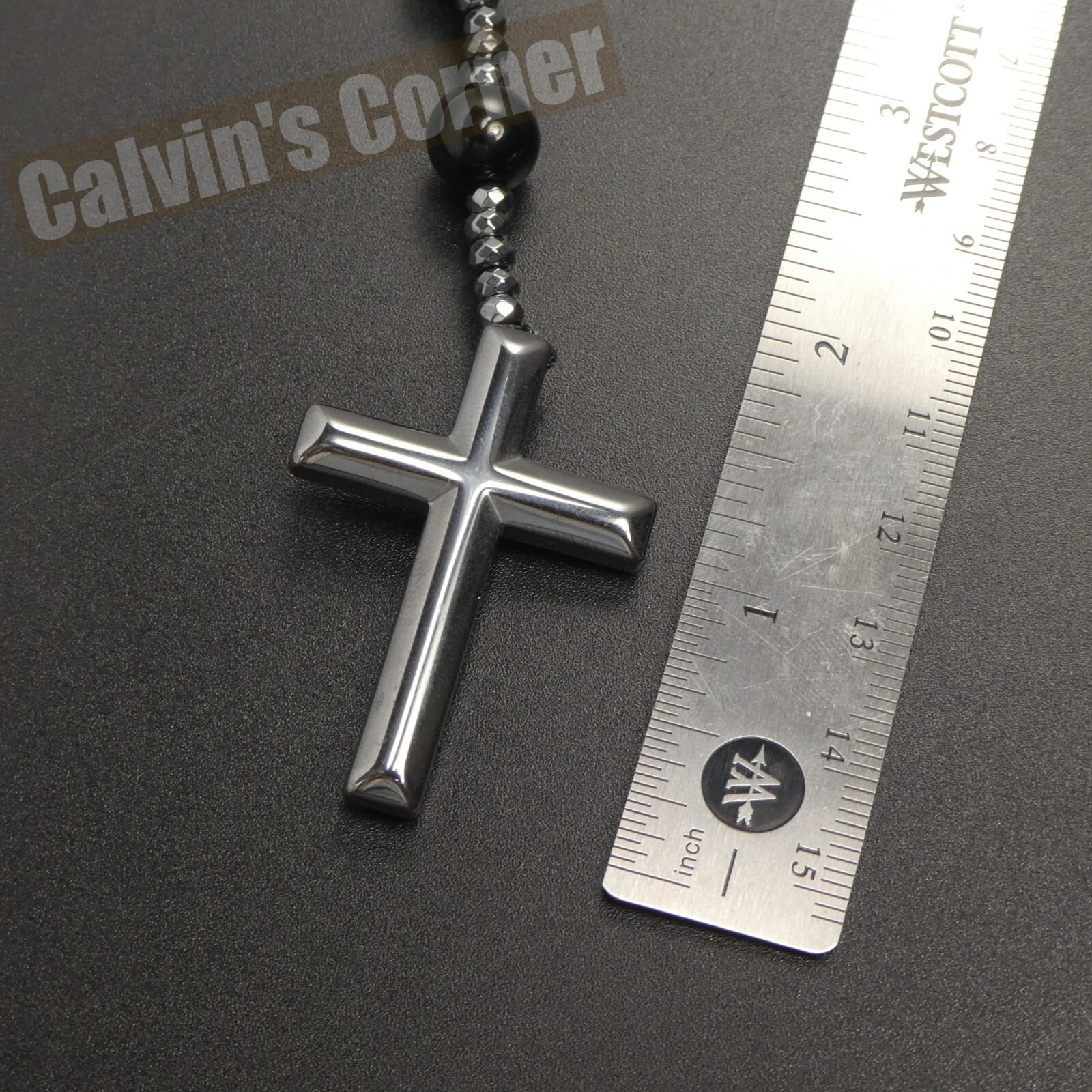 Black Onyx Bead Hematite Cross Rosary Necklace Catholic Men Women Gift Hanging