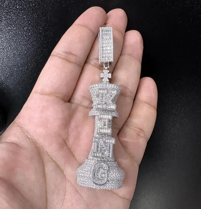 14K White Gold Over Hip-Hop King Chess Pendant 2.0Ct Round Cut Simulated Diamond