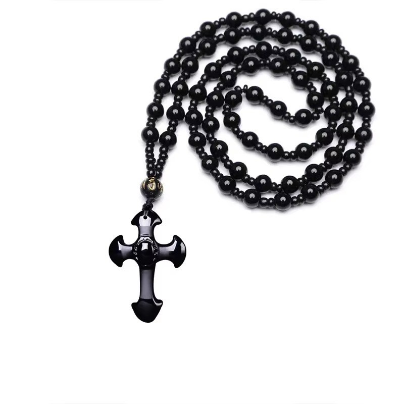 Natural crystal black obsidian cross necklace Amulet pendant with chain